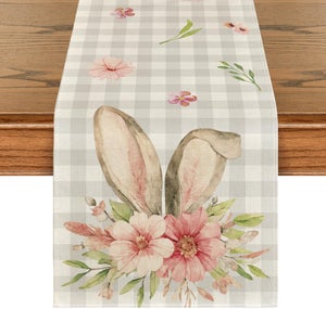 Runner da tavola pasquale, coniglietti primaverili, motivo floreale, ricamato, decorazione da tavolo, decorazione per casa, cucina, sala da pranzo, tavolo (13 × 68, coniglietto