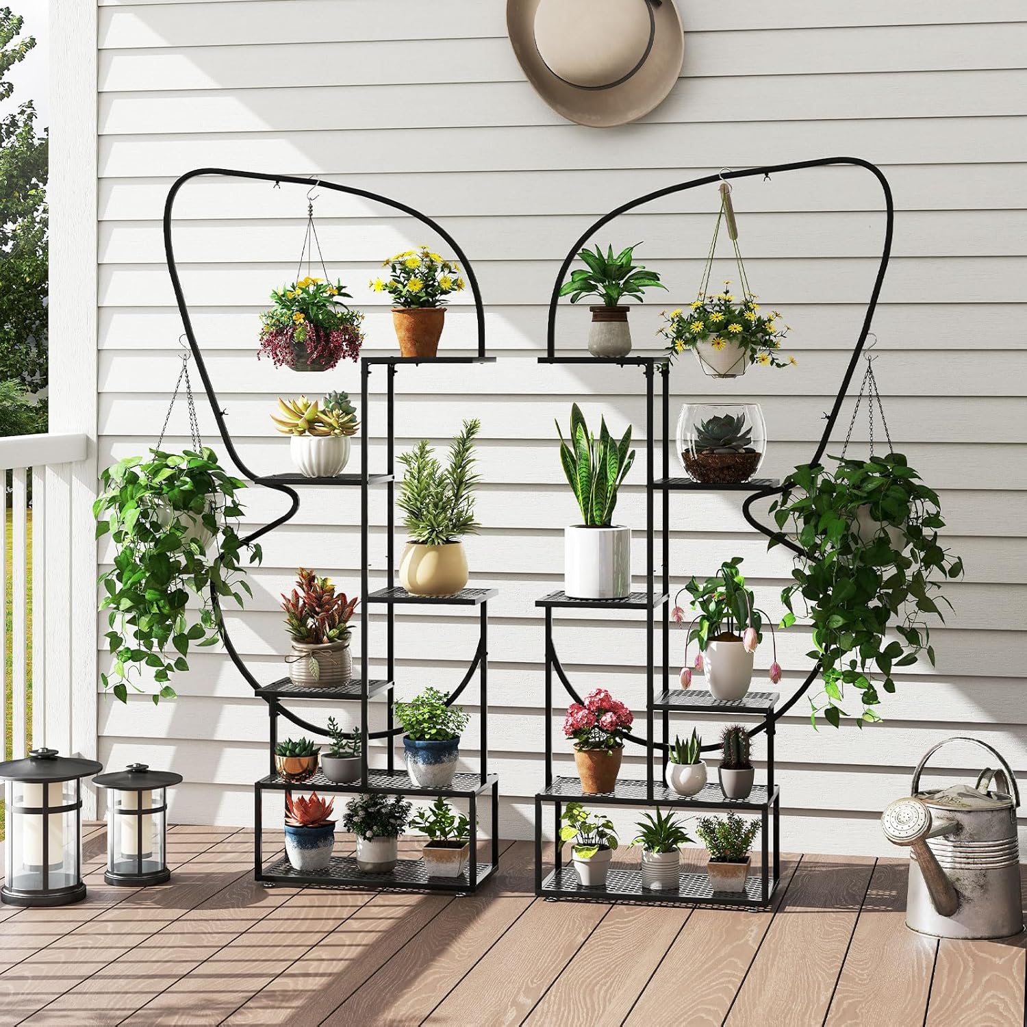 Support pour Plantes en Métal à 6 Niveaux, Étagère à Fleurs avec 12 Tablettes Métalliques 4 Crochets Forme Papillon, 56 x 26 x 185 cm, Noir - 2