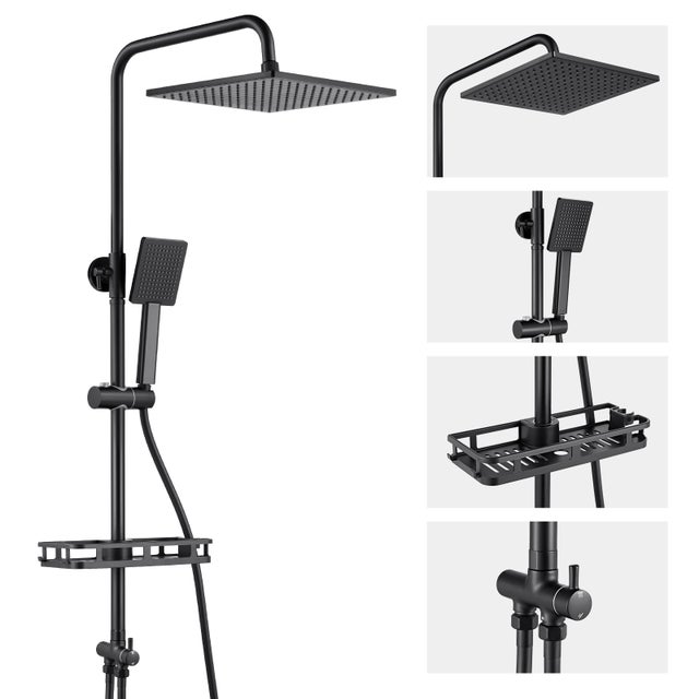 Colonne Douche Inox,Réglable Hauteur Ensemble Douche Murale avec Étagère Douche Set kit Douche sans Robinet avec Pommeau Douche Carré 25.5cm,Noir