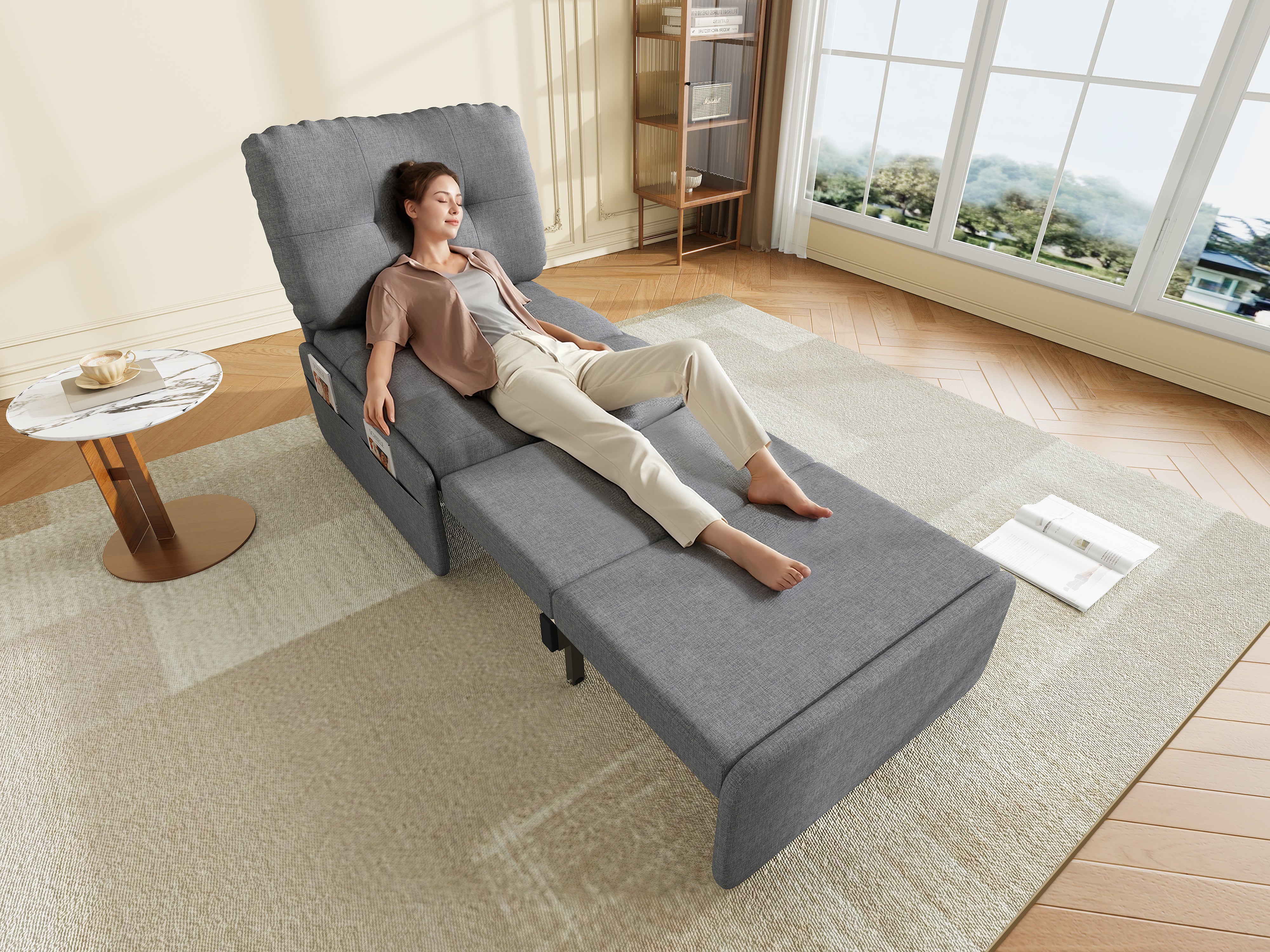 Sofa 2 w 1 z łóżkiem lnianym i metalowymi nogami – 81,5 x 92/195 x 90 cm – kieszenie do przechowywania – szara - 2