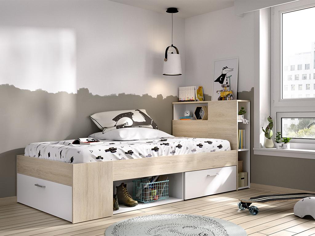 Łóżko LEANDRE z zagłówkiem, ze skrzynią i szufladą – 90 × 190 cm – kolor biały i naturalny, materac i stelaż w zestawie