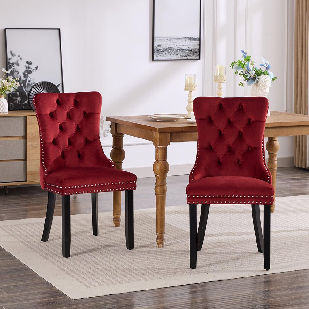 Lot de deux chaises de salle à manger, avec pieds en bois, bois massif, velours,rouge - 2