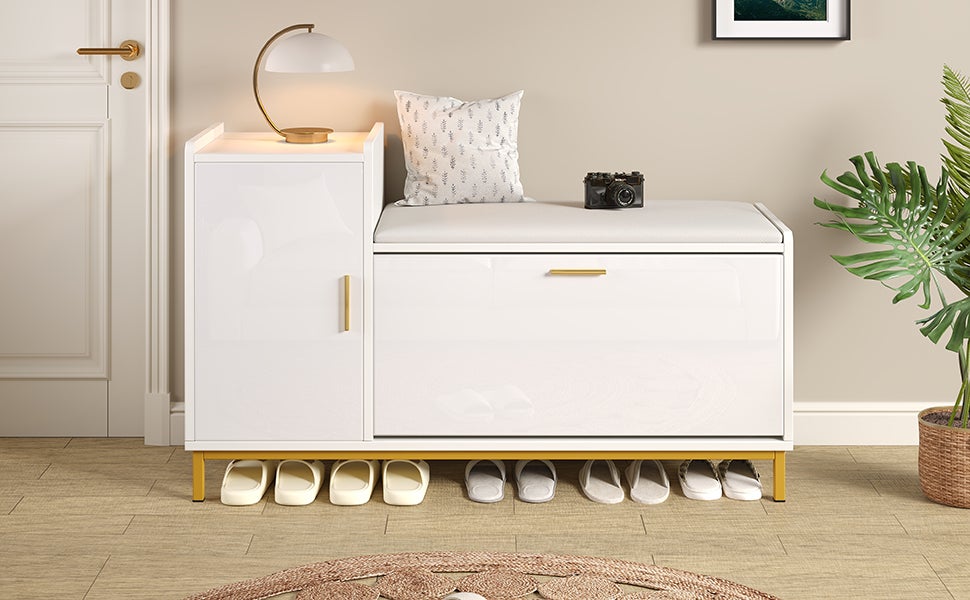 Banc à chaussures avec 2 portes - 100 x 38 x 68 cm - Panneau de particules et pièds en métal - Blanc - 8