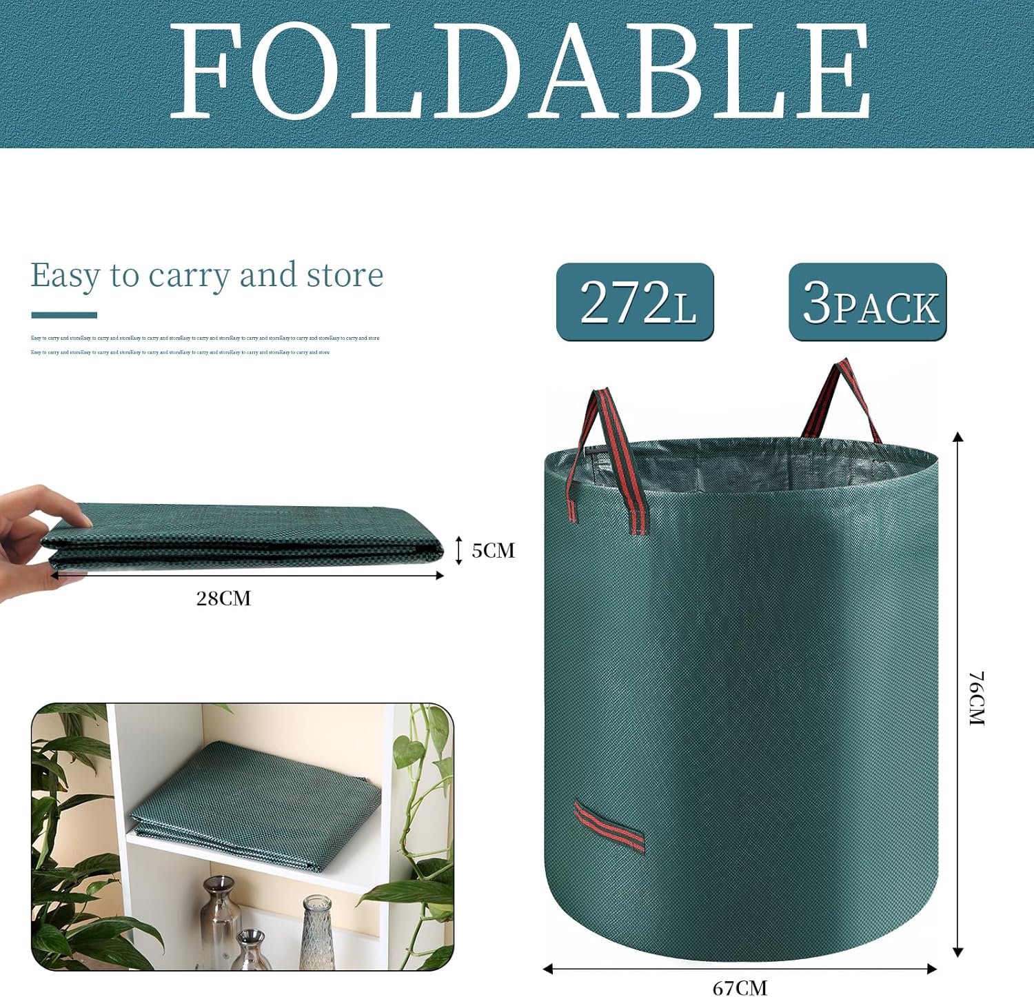 3*272L Sac Jardinage Dechets,Sac Dechets Verts Resistant Indéchirables,Sac Vegetaux Jardin Avec Poignée,Sac de jardin dechet vert Pliable,Sac jardin - 2
