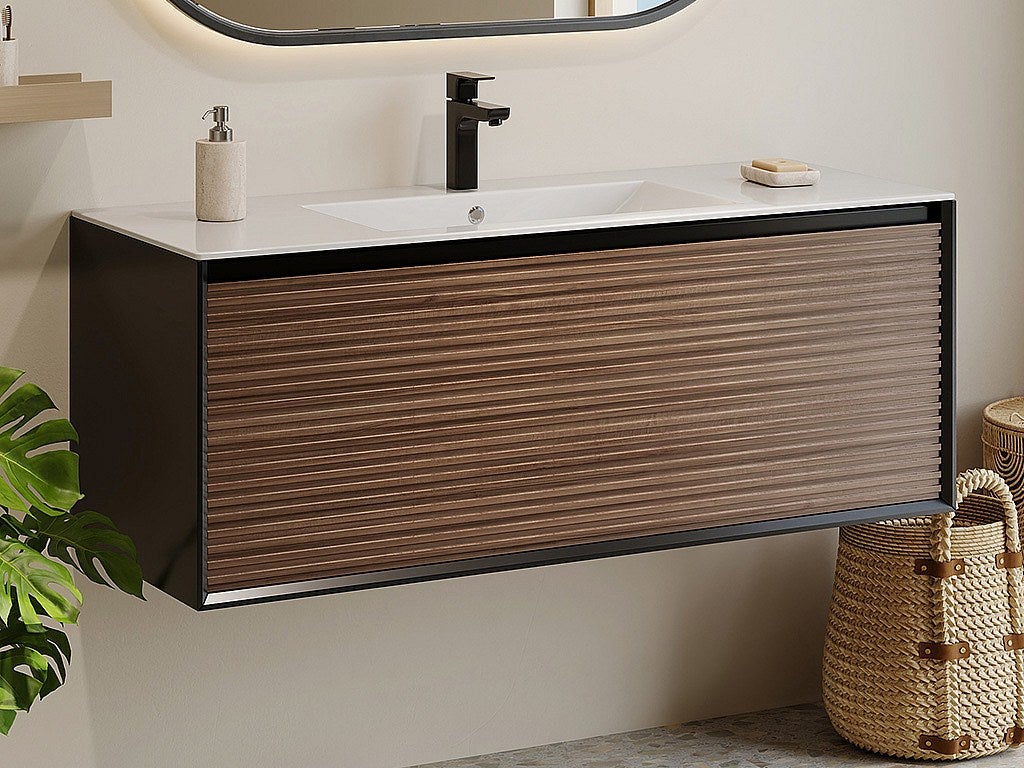 Szafka pod umywalkę wisząca ryflowana - Naturalny ciemny i czarny - 120 cm - BANIVA