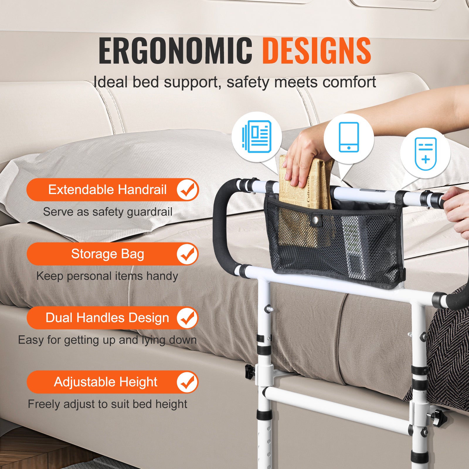 Barrière de Lit VEVOR pour Adultes Personnes Âgées Pliable 180° Rail de Lit d'Assistance Protection Latérale Charge 204kg Poignée Réglable à 4 Niveaux - 4