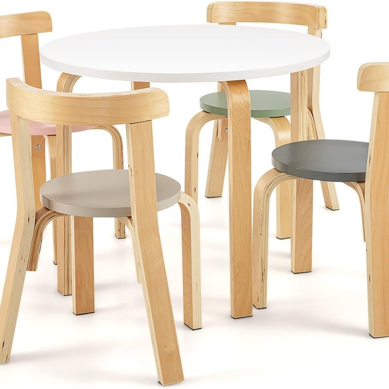 Stół dziecięcy z 4 krzesłami, 5-częściowy zestaw mebli do siedzenia dla dzieci z drewna z okrągłym stołem, zaokrąglone narożniki i krawędzie,