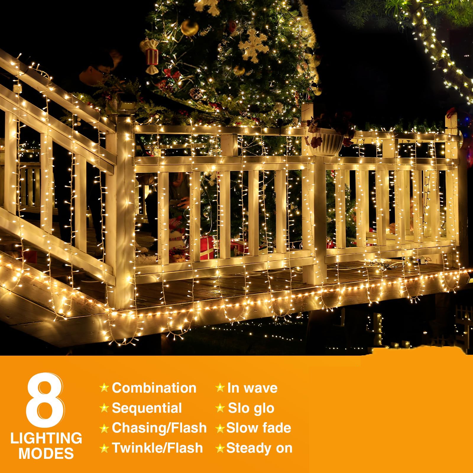 10m 100 led luzes de natal corda, guirlanda de decoração de festa de casamento de árvore de natal, 8 modos, plugue da ue, luz quente - 2