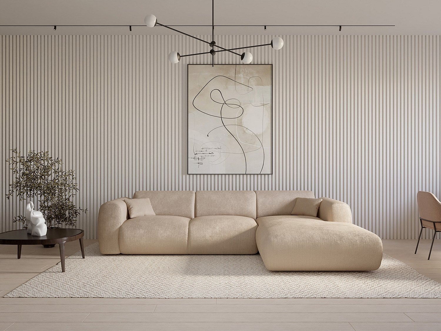 Grand canapé d'angle droit en velours côtelé fines côtes beige POGNI de Maison Céphy - 6