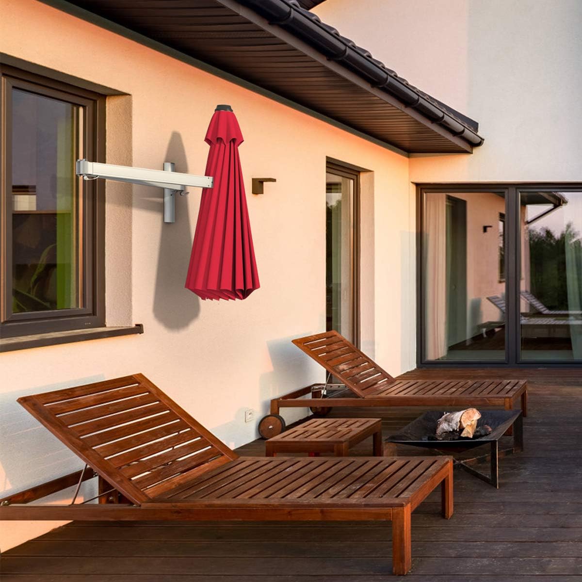 247 cm Parasol Ścienny, Parasol Tarasowy z Odchylaną Głowicą i Regulowanym Wspornikiem, Parasol Ogrodowy z 8 Solidnymi Żebrami i Perforacją (Czerwony)