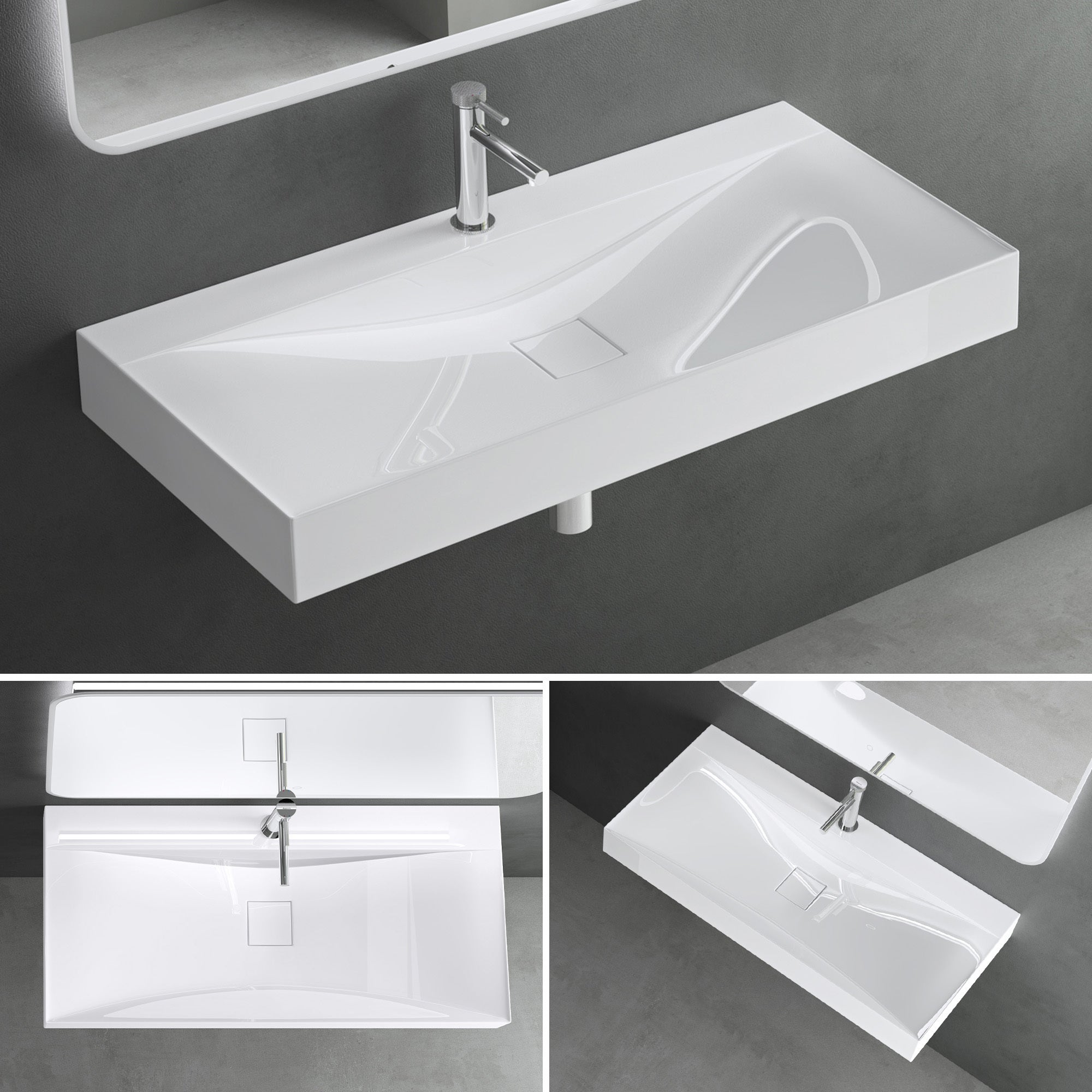 Mai & Mai Lavabo Suspendu Blanc 120x48x12cm Vasque à Poser Rectangulaire avec Perçage pour Robinet et Cache Bonde Col810-1200 - 6
