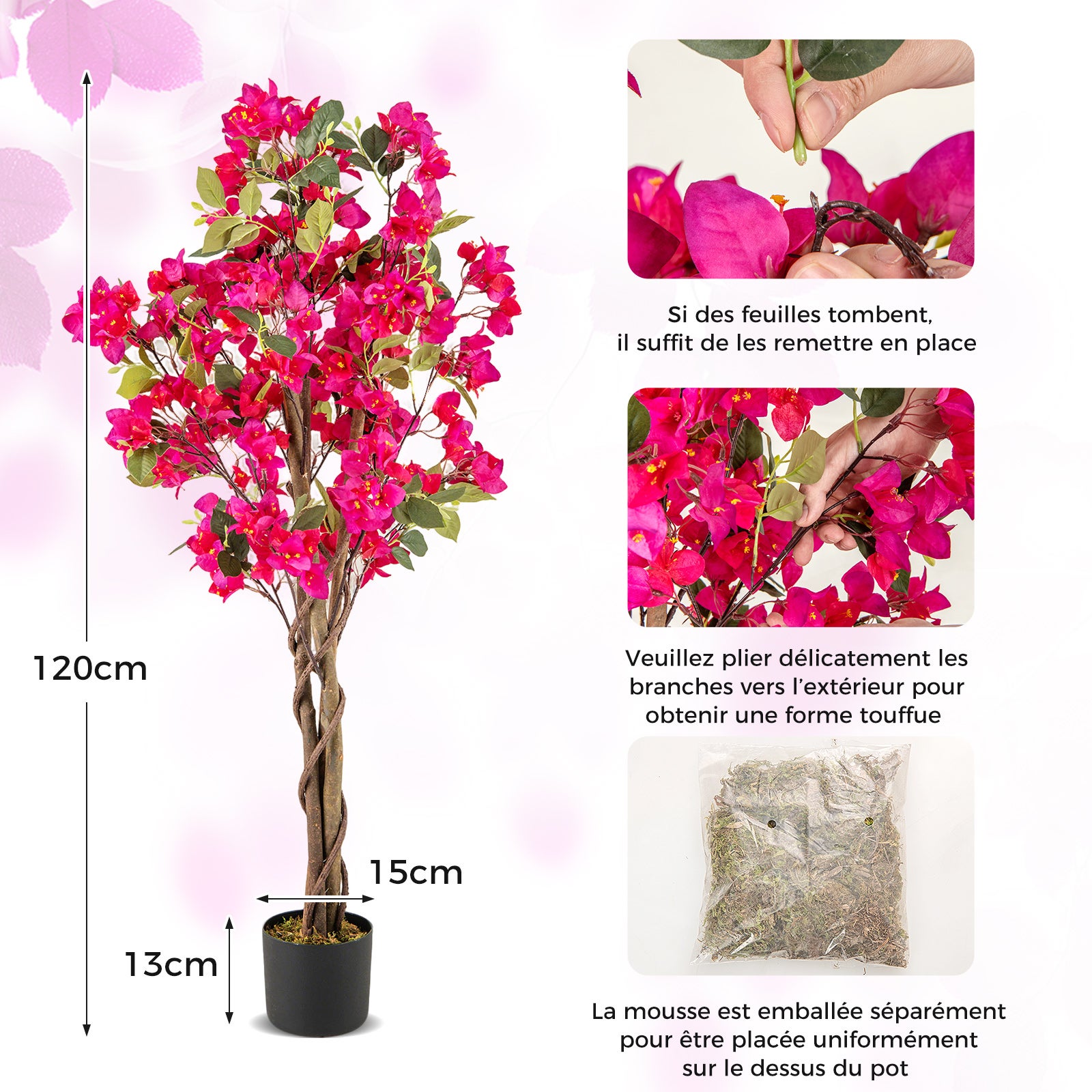 Arbre Artificiel Bougainvillier de 120 cm, Plante Fleurie Faussée en Pot de Pépinière avec Fleurs en Pleine Floraison, (1 Pcs, Rose) - 2