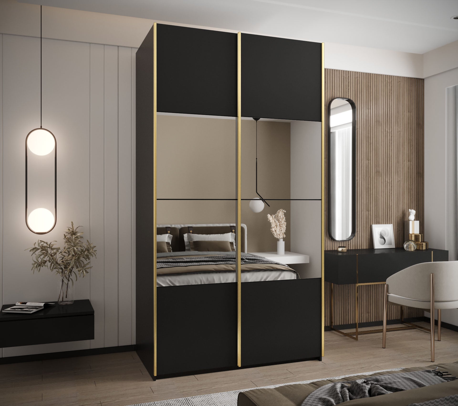 Szafa przesuwna wysoka Lux 4 130 x 64 x 245,5 cm czarny + czarny + u. złoty - Abiks Meble - 2