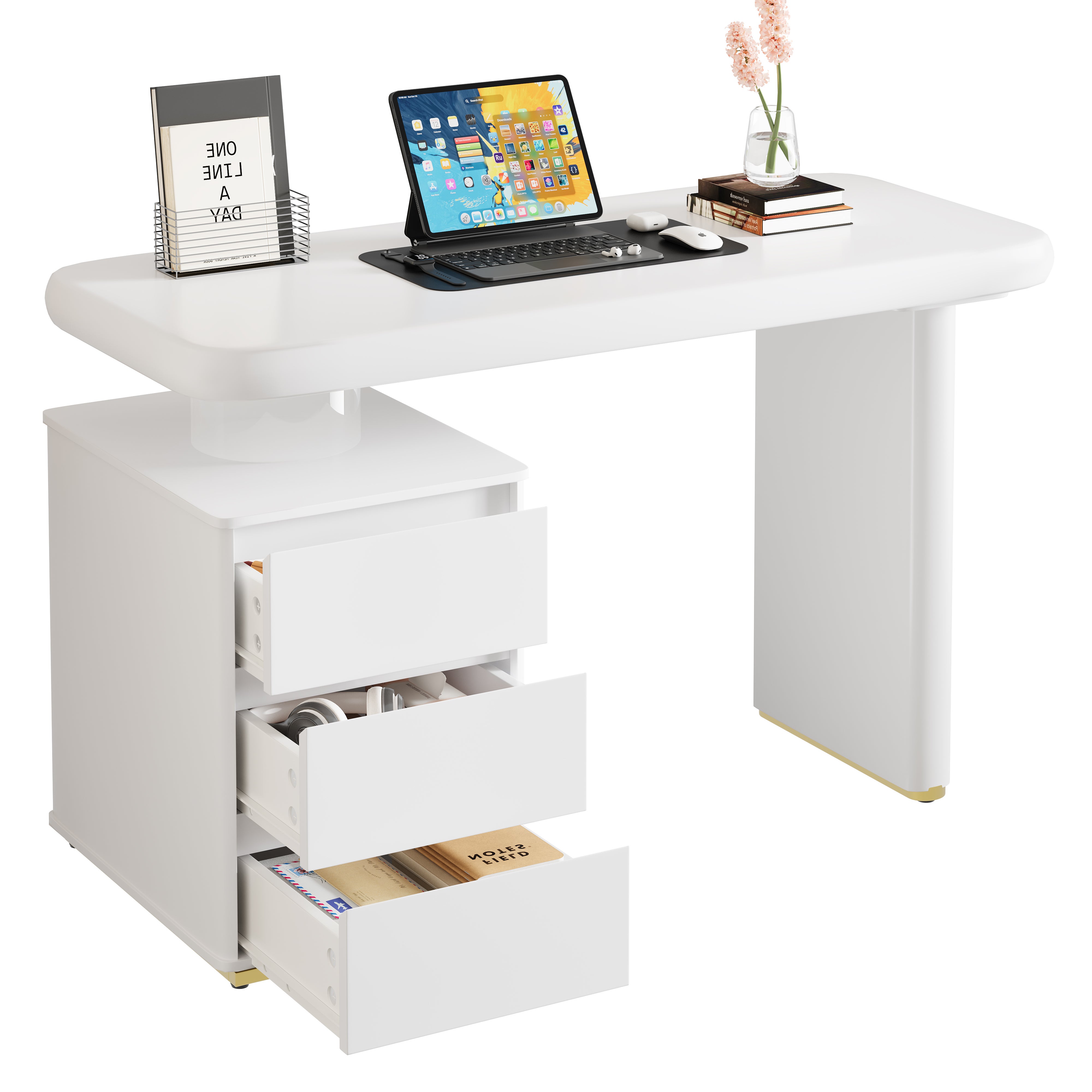 Bureau moderne avec 3 tiroirs - 117 x 50 x 74 cm - MDF - Courbes arrondies et pieds épaissis - Blanc - 7