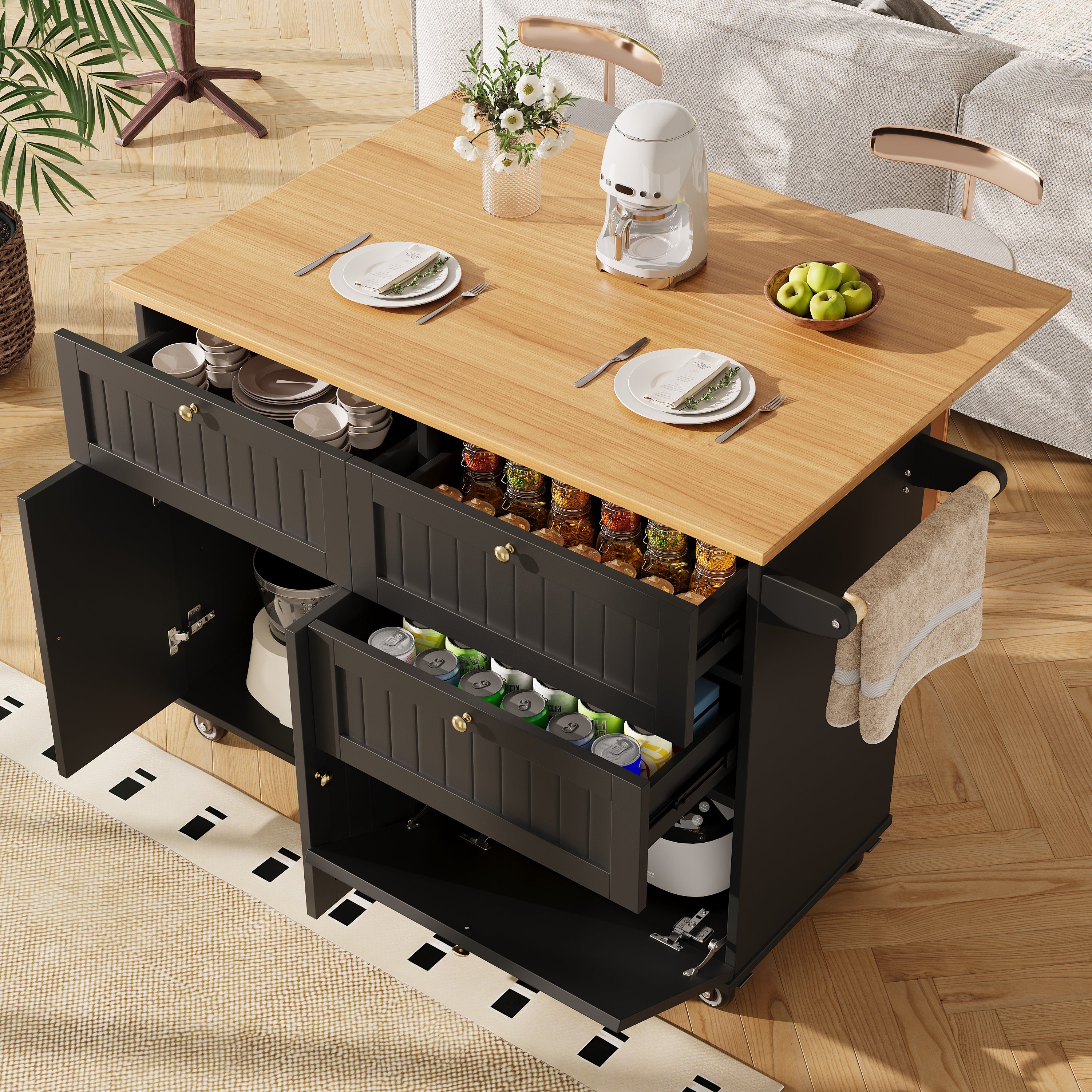 Ilot central de cuisine mobile avec 2 portes, 3 tiroirs et porte-serviette - Plateau extensible - 120.8x37.3/70x88cm - MDF - Noir + naturel - 2