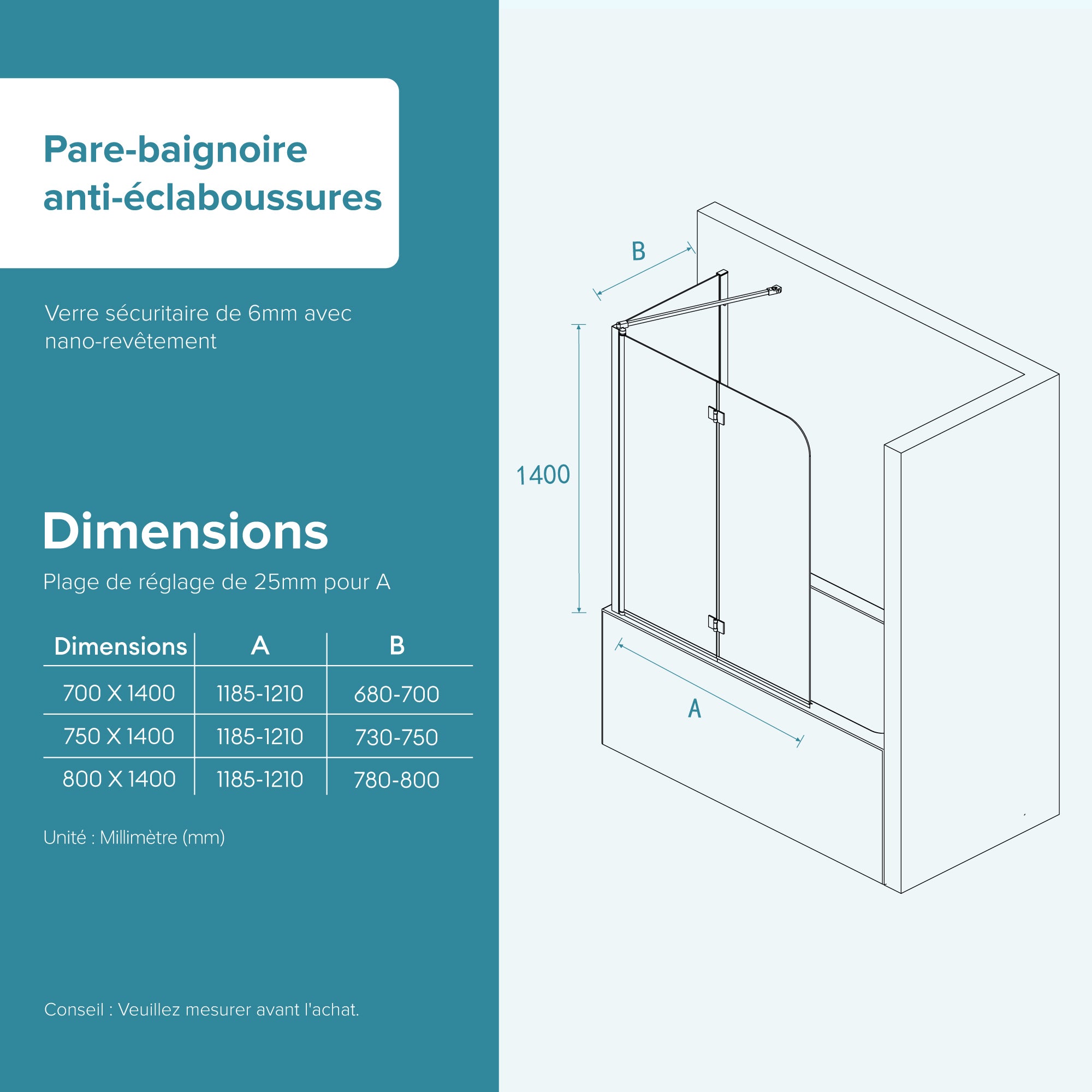 doporro Paroi de Baignoire 70x120x140cm Pare Baignoire Fixe Plus 2 Volets Montage Réversible Verre Trempé Transparent 6mm Cortona113 - 7