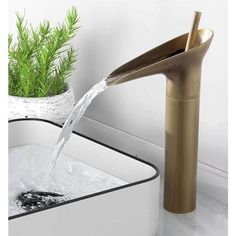 Antyczna bateria łazienkowa z brązu, bateria umywalkowa typu wodospad, wysoko montowana bateria umywalkowa z jedną dźwignią i ceramicznym rdzeniem za