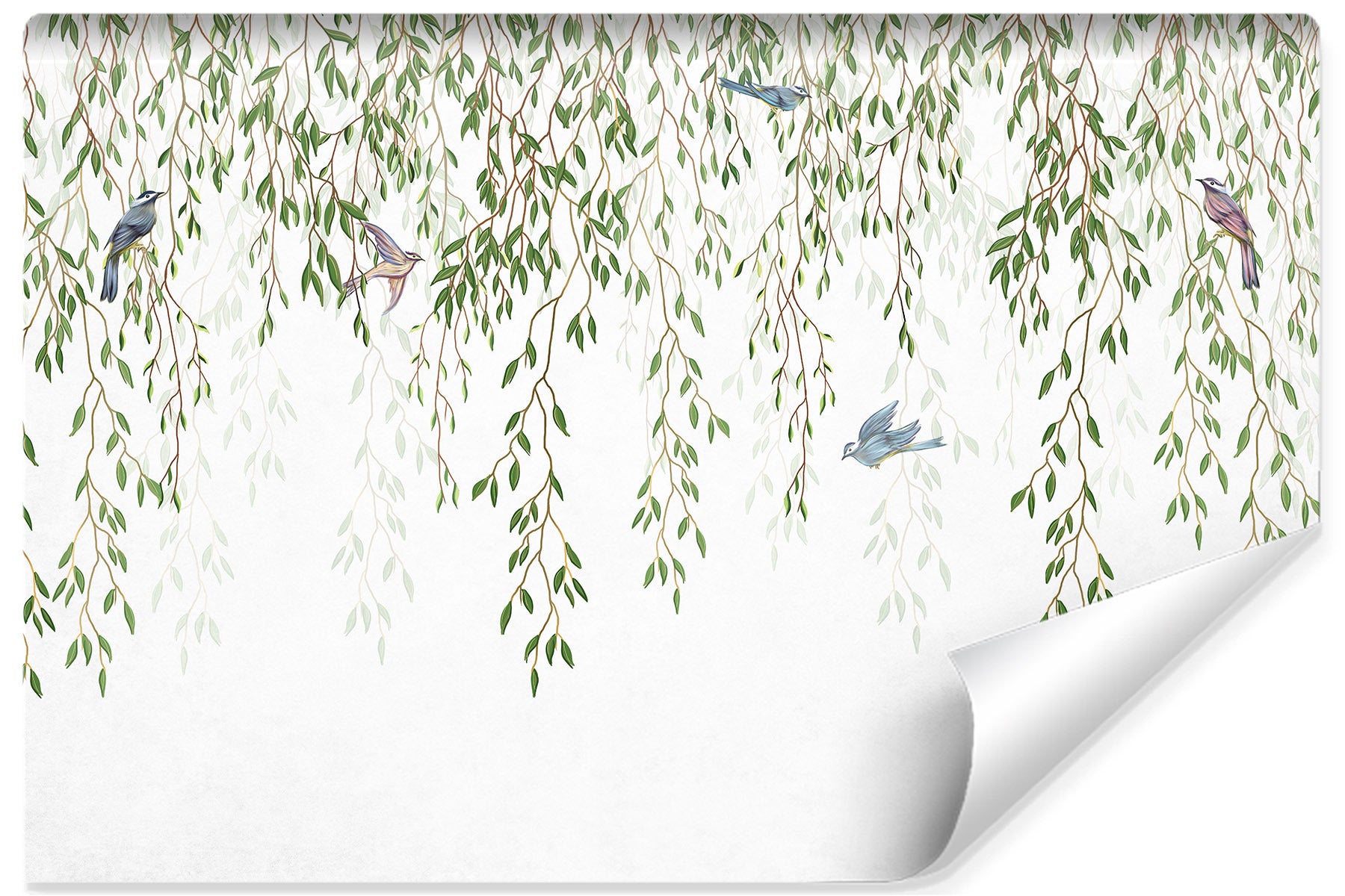 Papel pintado no tejido foto hojas pájaros naturaleza para salón 360cm x 240cm