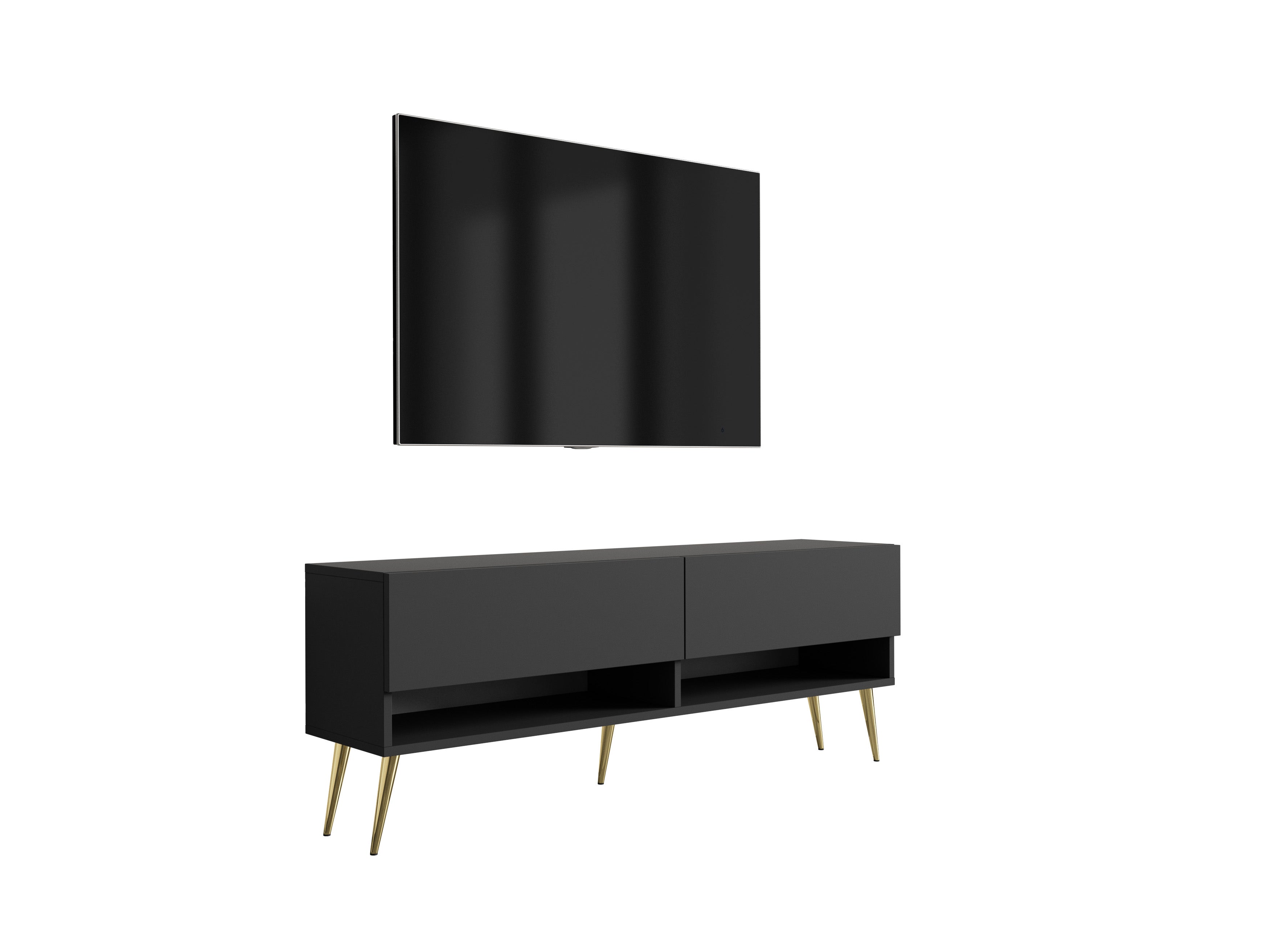 Szafka RTV : 140 cm Czarny Mat, nóżki pochyłe złote, 140 × 32 × 52 cm