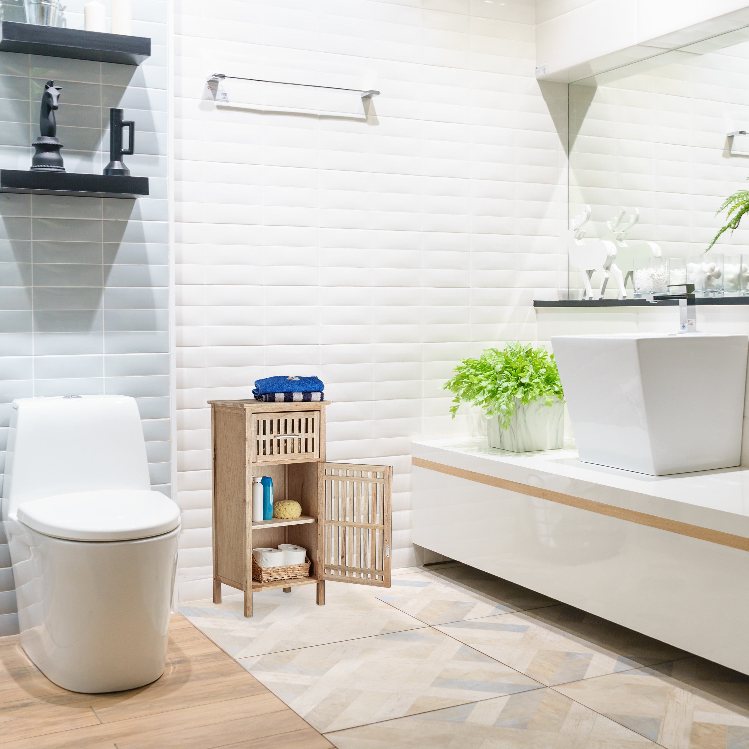 Meuble de salle de bain étroit noyer étagère rangement armoire porte tiroir HxlxP: 82 x 40 x 29 cm, nature, Relaxdays - 6