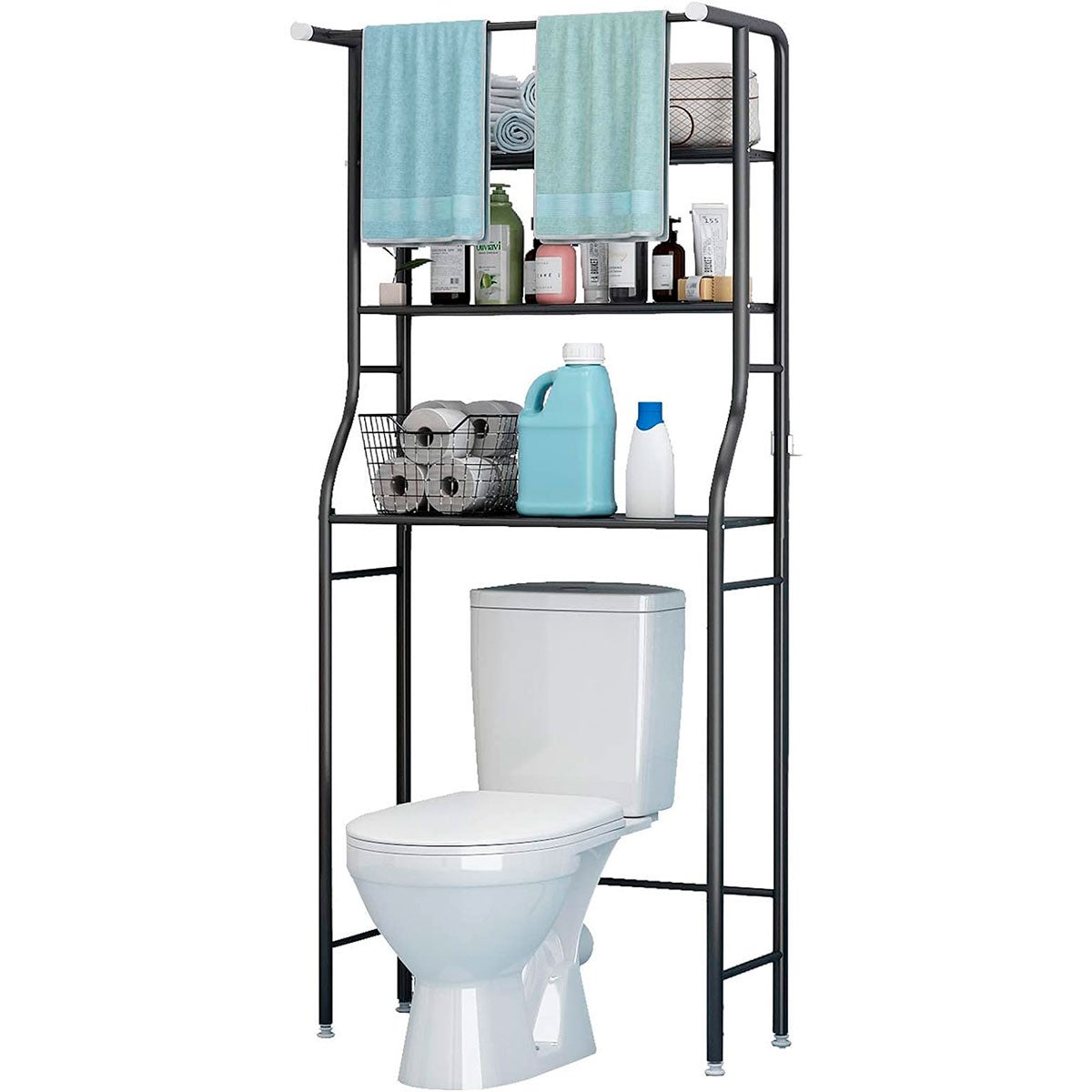 Mensola per WC da bagno 3 ripiani 1 appendiabiti superiore 166x65x25 cm Nero - 3