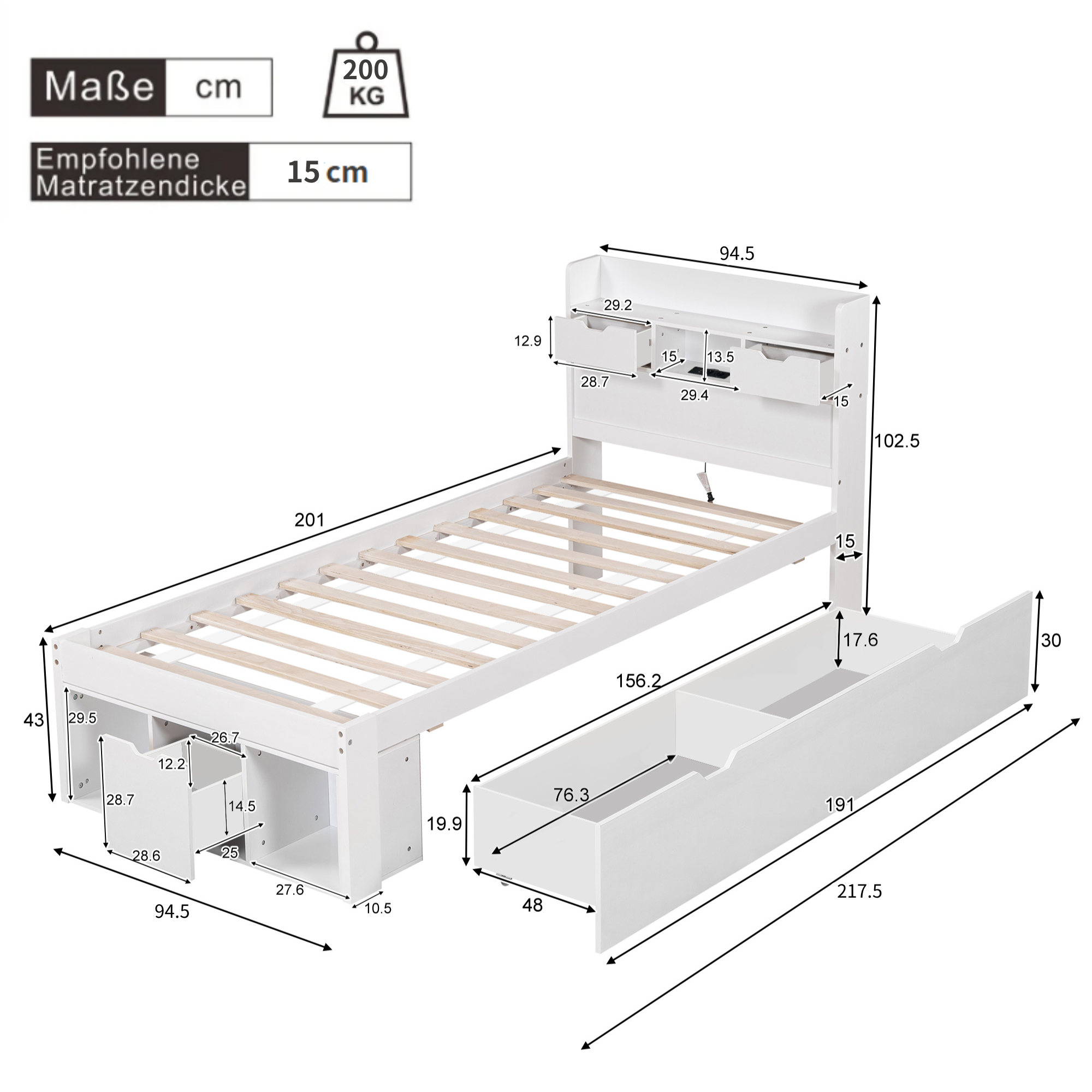 Łóżko podwójne 90 x 200 cm z szufladami i przegródkami - sosna i sklejka - port USB - białe (materac nie jest wliczony w cenę) - 8