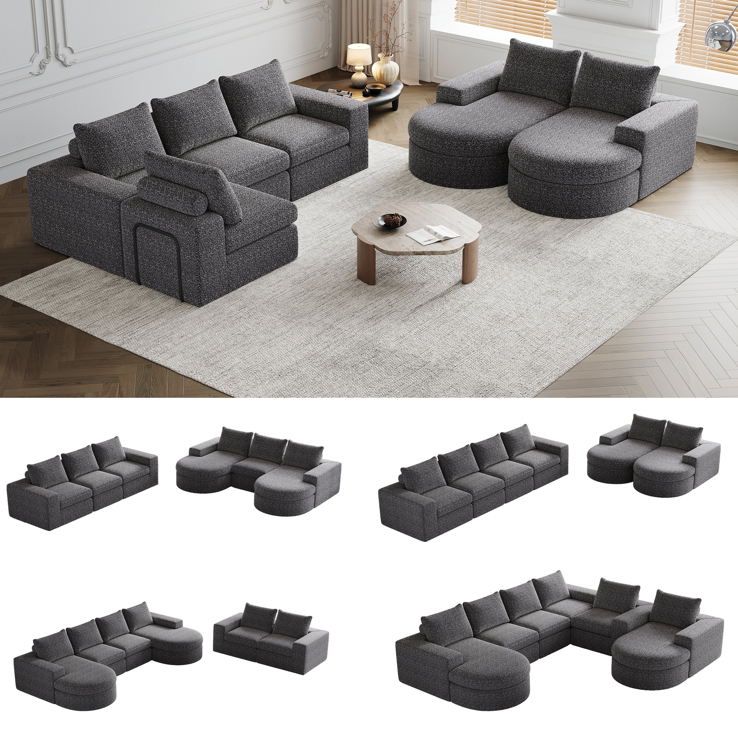 Canapé et chaise longue en chenille, canapé modulable combinable avec chaise longue en forme de L, canapé en mousse compressée - 2