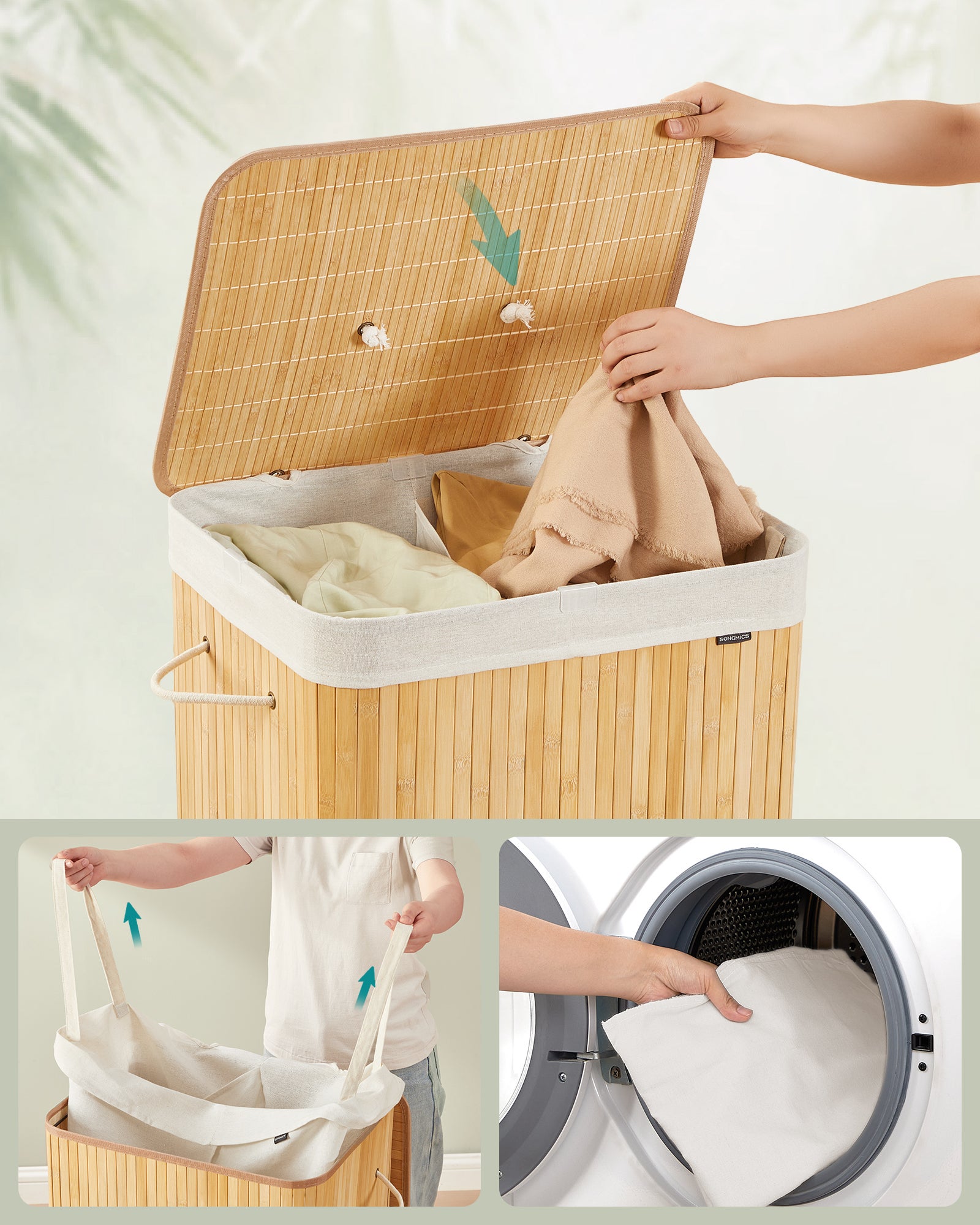 Panier à Linge avec Couvercle, 2 Compartiments, 120 L, Pliable, Sac Amovible et Lavable en Machine, avec Poignées, Naturel - 3