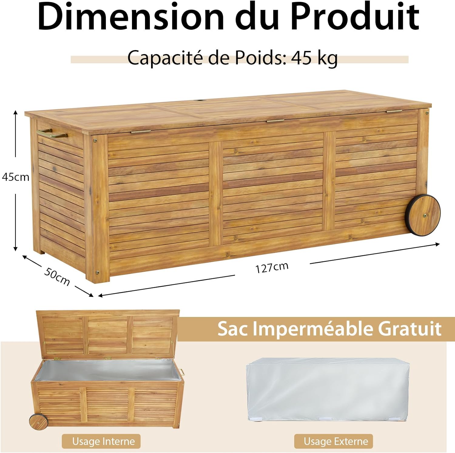 Caja de almacenamiento exterior de 182L rodante, de madera de acacia con 2 ruedas, asa lateral, funda impermeable, para cojines, juguetes, natural - 8