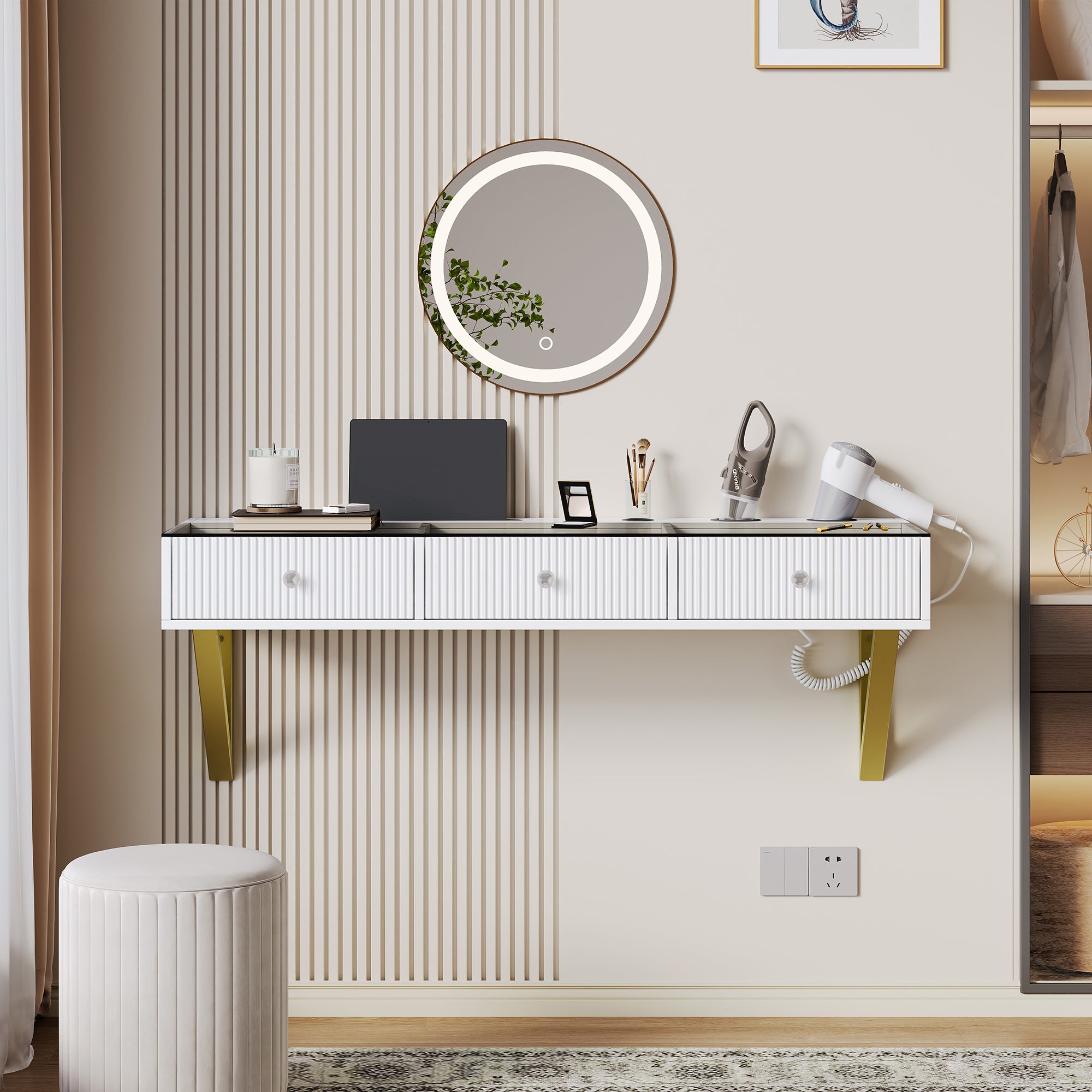 Coiffeuse murale avec 3 tiroirs - MDF + panneau de particules + plateau en verre - 120 x 40 x 45 cm - Blanc (sans tabouret et miroir) - 2