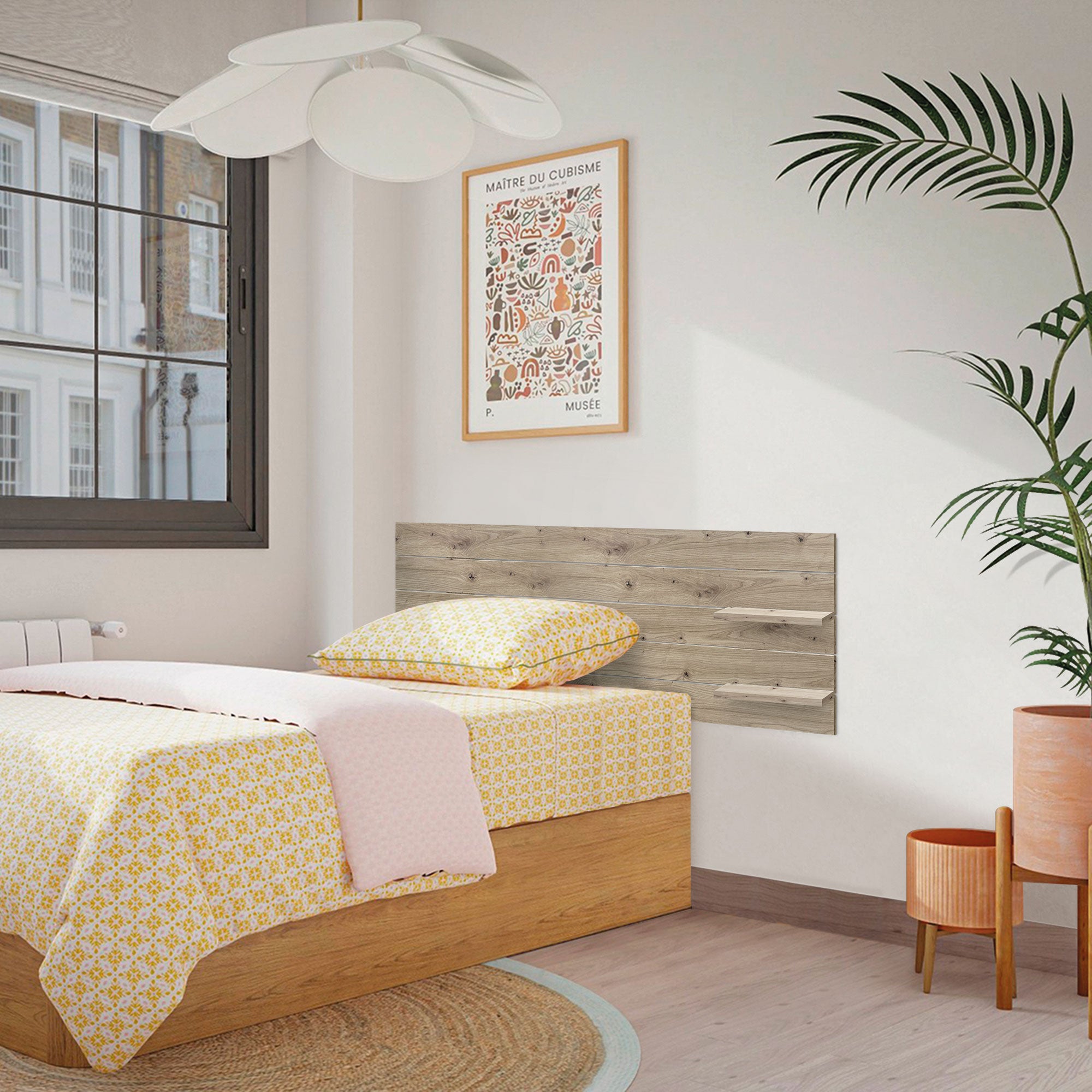 DHOME Testiera con ripiani in legno riciclato DM sospeso a parete in stile pallet orizzontale con gambe Letto (rovere, 145 cm) - 7