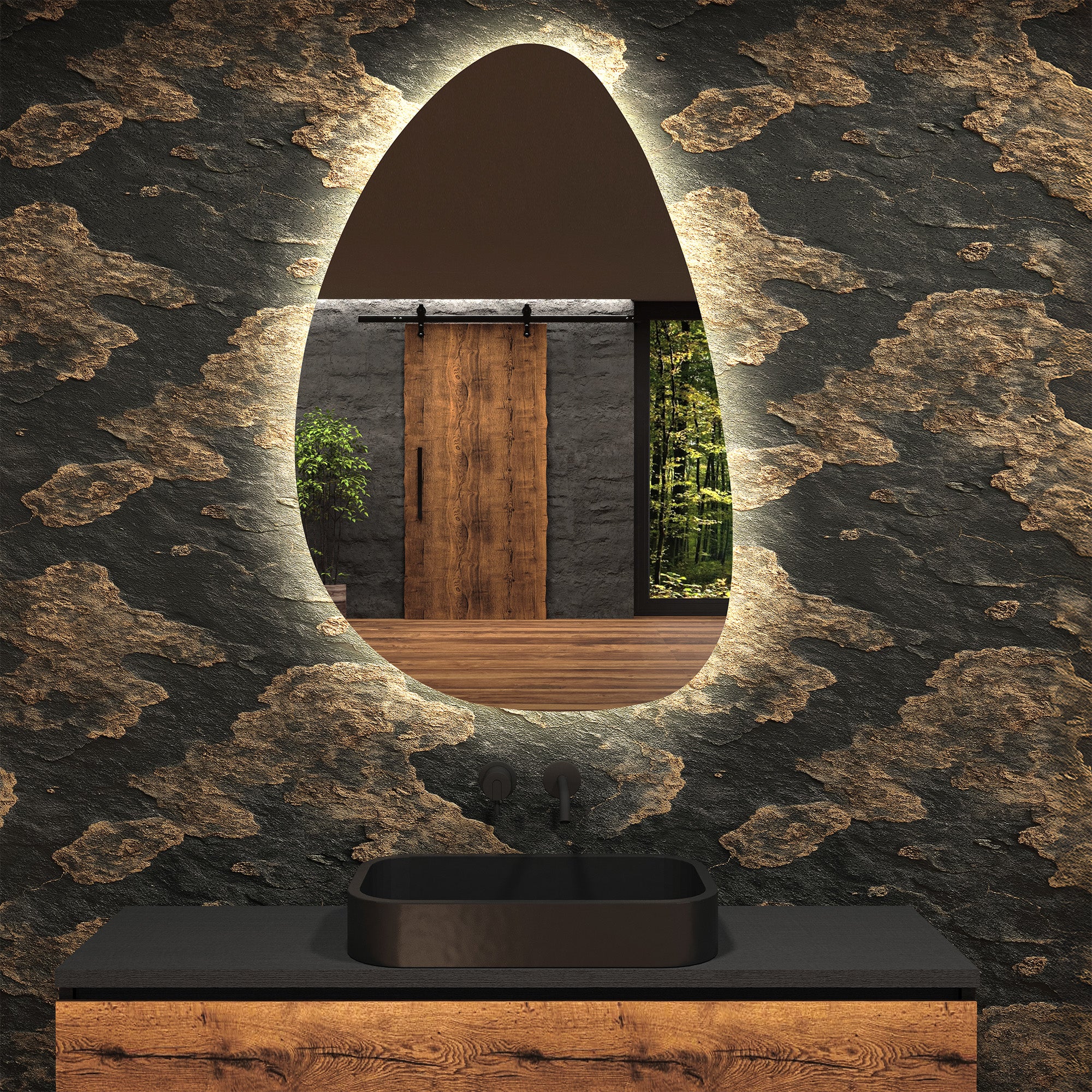 Lzuso Miroir asymétrique irrégulier ovale en bois miroir mural pour salle de bain miroir mural décoratif pour chambre à coucher, salon, entrée, couloir Miroir suspendu unique