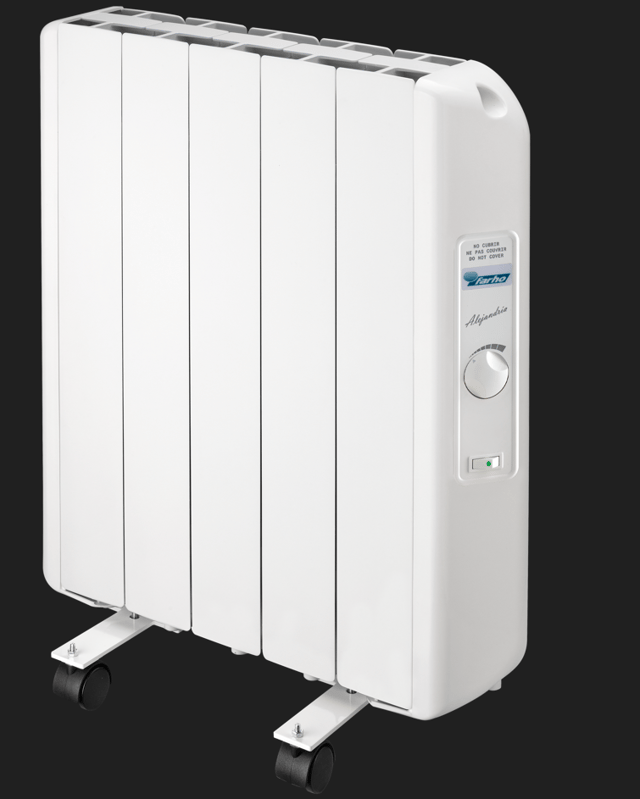 Radiatore elettrico a inerzia fluida 550W | FARHO Eco R 05 Elementi | Bianco | Analogico | Ruote incluse | Basso Consumo | Garanzia 20 anni