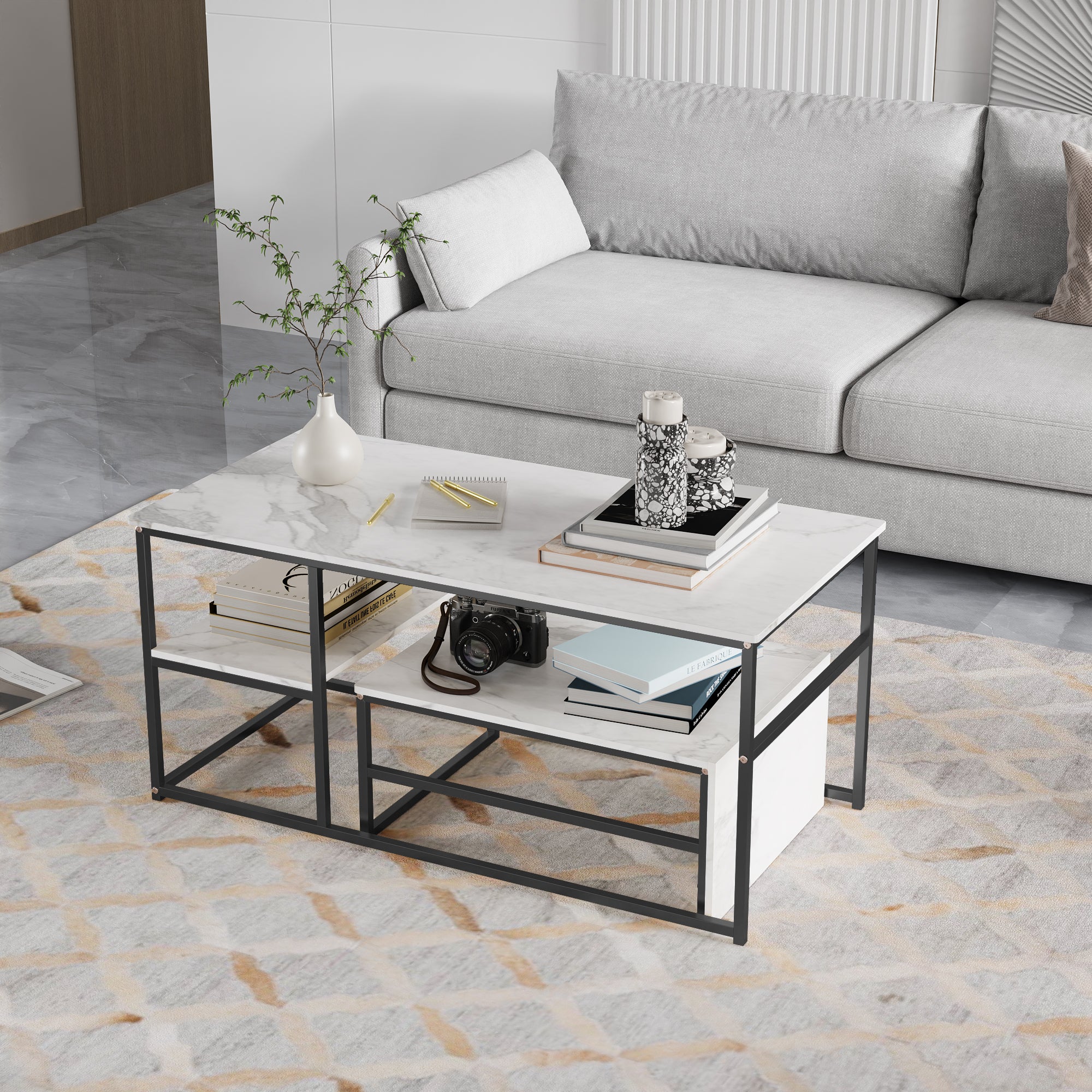 Lot de 2 Tables Basses Gigognes Rectangulaire, Table d'appoint avrc Rangement Table de Canapé avec Aspect Marbre pour Salon, Chambre, Bureau - 7