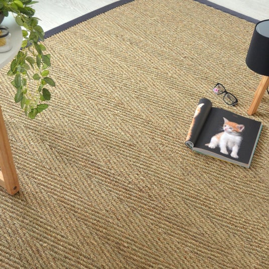 Tapis Jonc de mer - Assam chevron - Ganse coton anthracite - 200 x 290 cm - 2