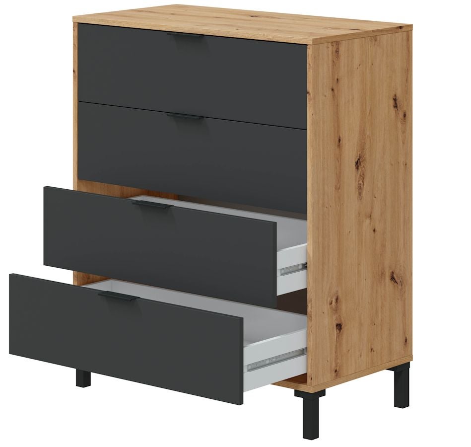 Commode 4 tiroirs décor chene noueux et gris anthracite - L77,5 cm - 2