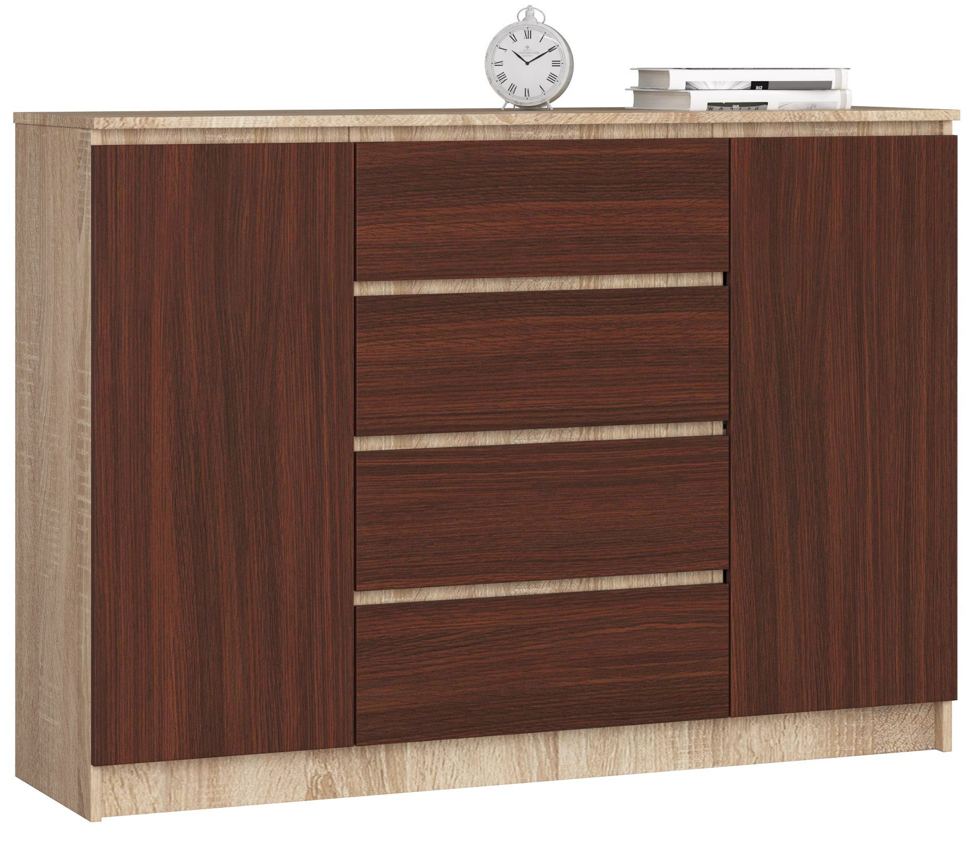 Komoda: 4 szuflady, 2 drzwi, 4 półki, dąb Sonoma | wenge, 138 x 99 x 40 cm