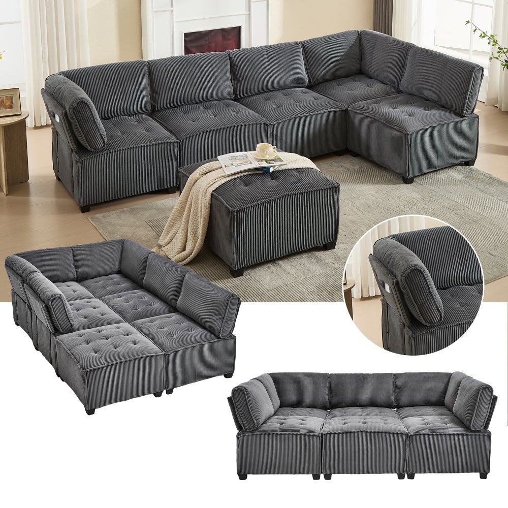 Sofa modułowa, 6-osobowa, sztruks, kształt U/L, kieszenie do przechowywania, funkcja spania, szara