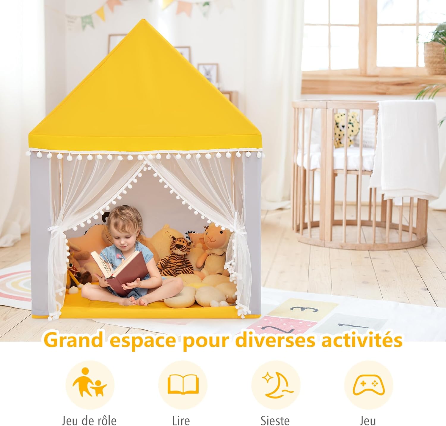 Tenda da Gioco Casetta per Bambini, Castello Giocattolo in Legno Cotone, con Struttura Stabile e Finestre Traspirabili, 105x120x140 cm (Giallo - 4