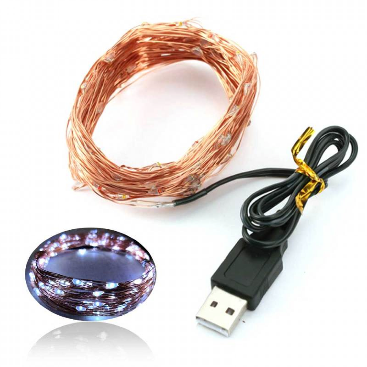 Miedziana lampka choinkowa USB, 5 m z czterema opcjami kolorystycznymi