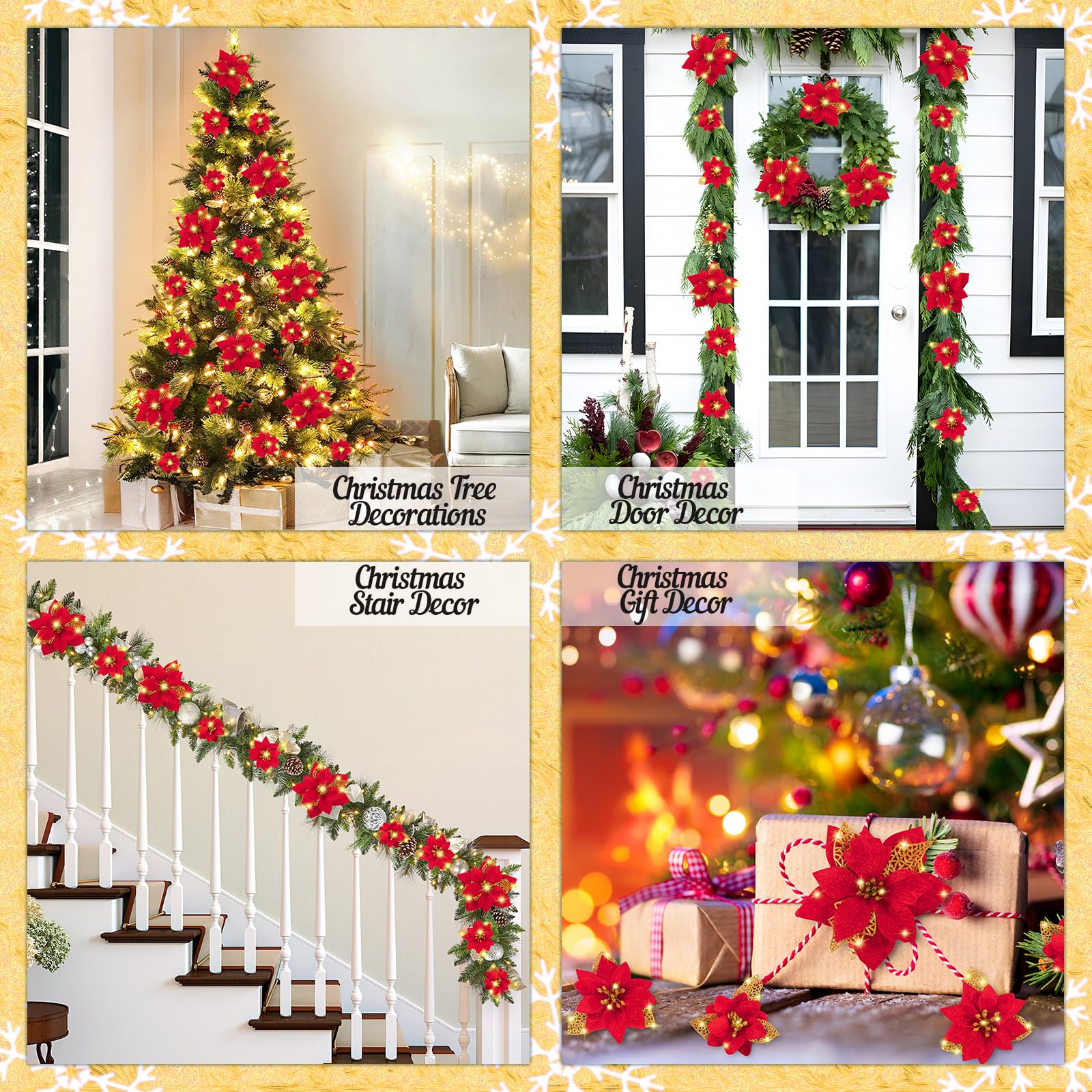 Lot de 32 décorations de Noël, fleurs artificielles scintillantes avec clips, décorations pour sapin de Noël, pendentifs de fleurs artificielles - 7