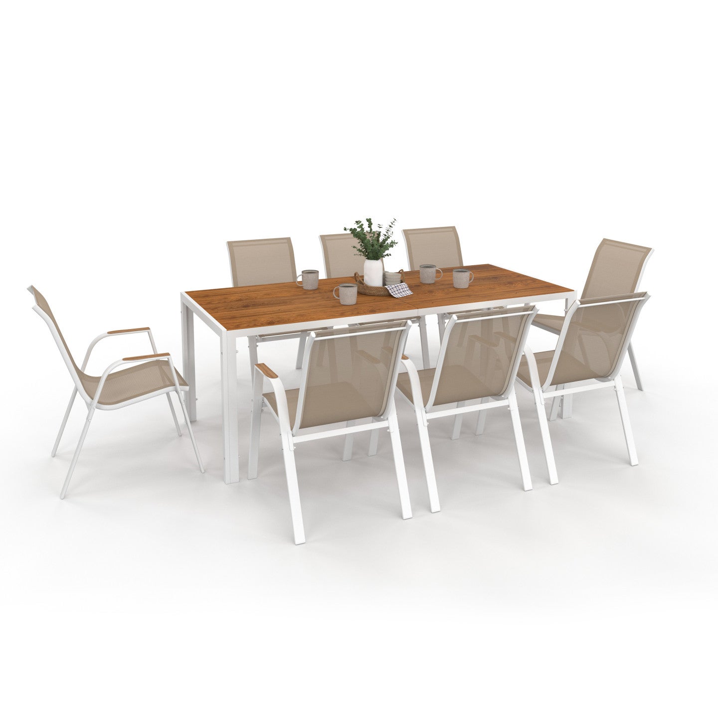 Salon de jardin NOUMEA table 190 cm plateau verre trempé effet bois et 8 chaises empilables blanc et bois - 2