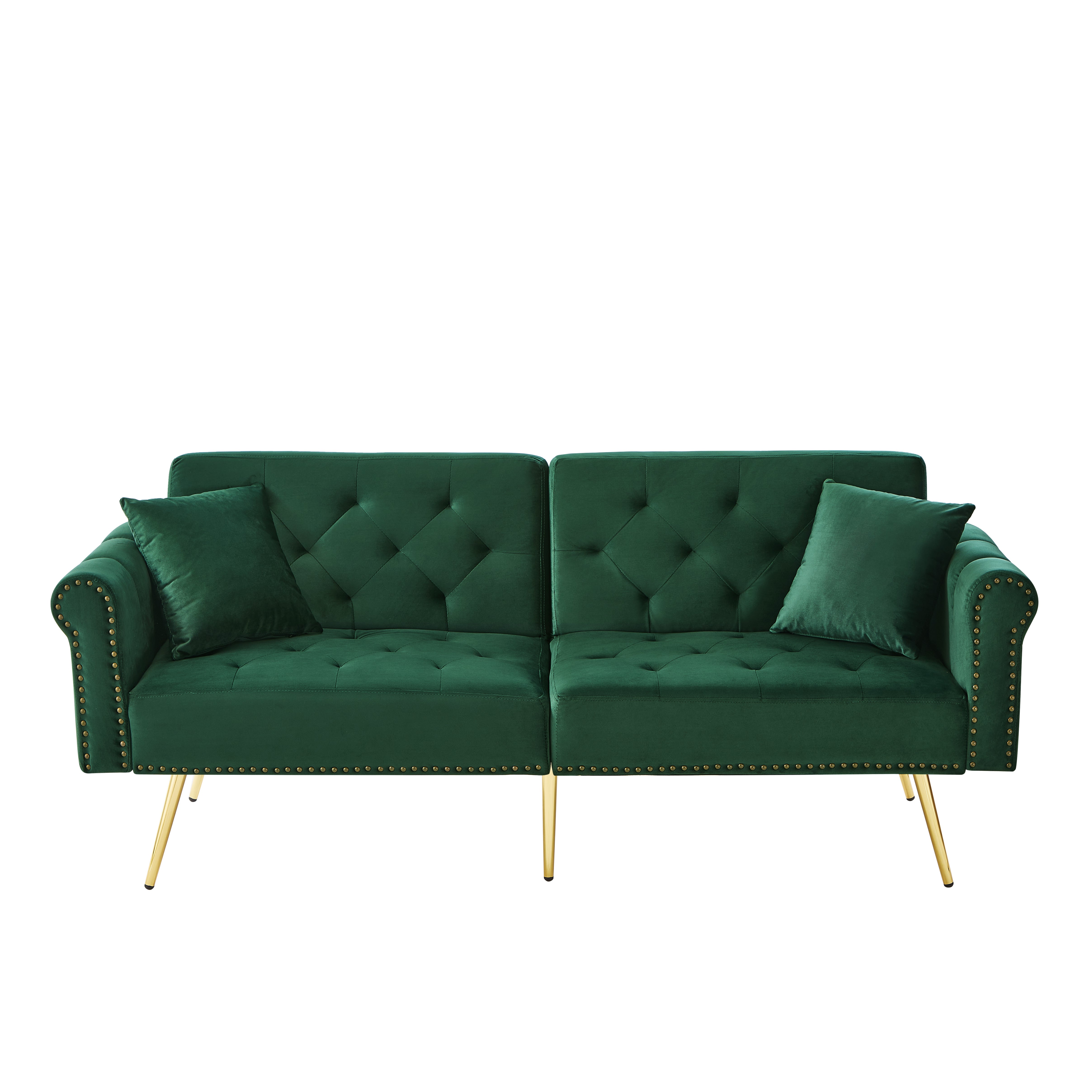 Divano letto a 2 posti in velluto - 173 x 75 x 70 cm - Gambe in metallo dorato - con funzione sleep - Verde antico - 9