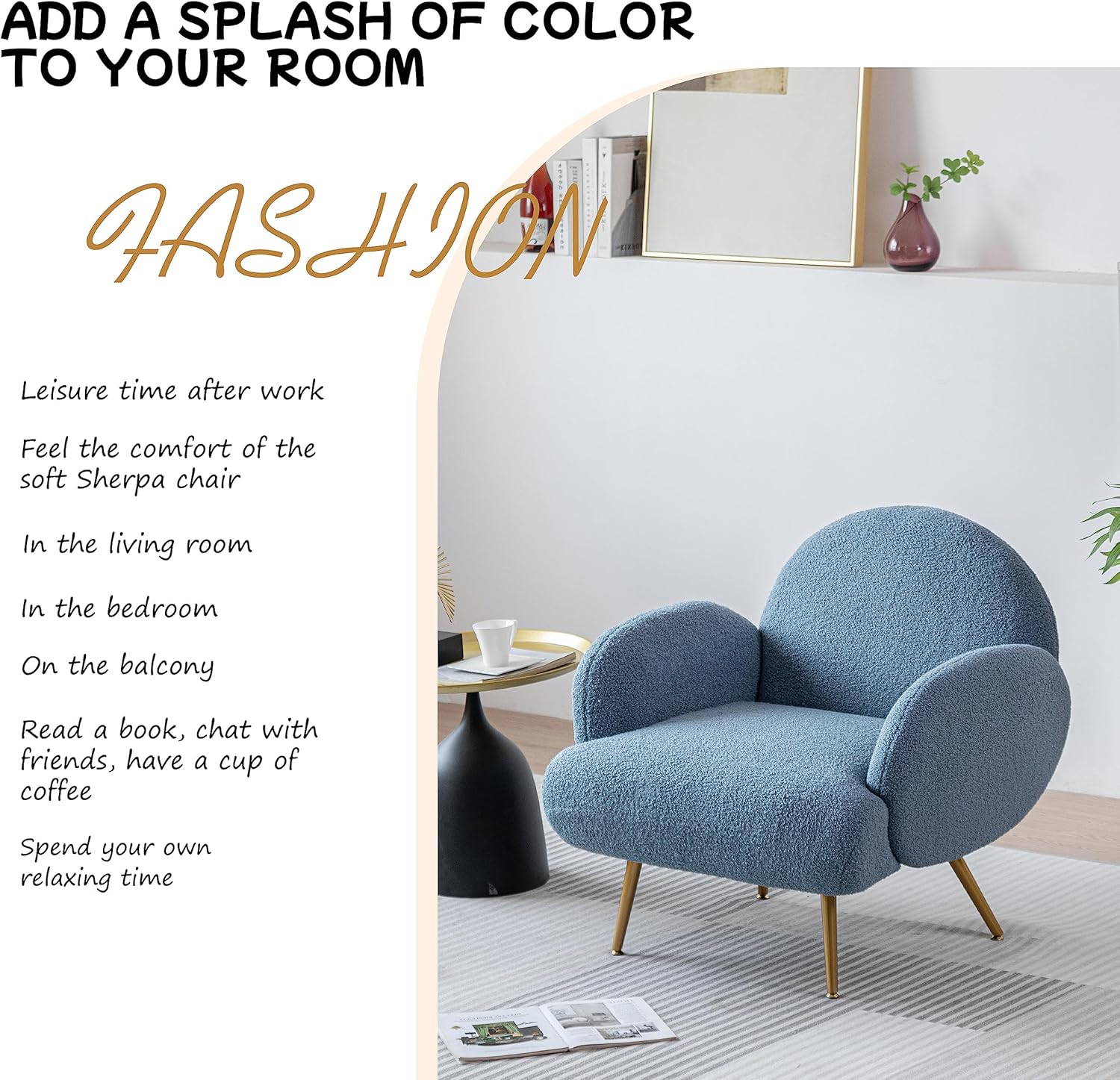 Fauteuil Moderne Décontracté avec Pieds en Métal Noir et Dossier Fauteuil Simple Confortable pour Salon/Chambre/Club, Bleu - 3