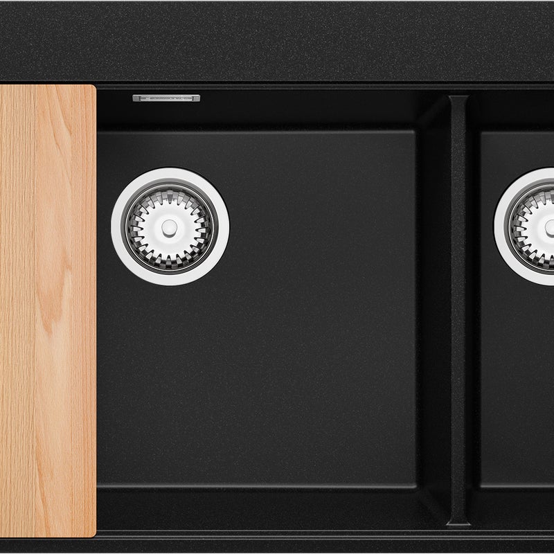 Zlewozmywak Czarny 78x50cm, Zlew Kuchenny 2 Komorowy + Syfon + Deska, Nablatowy do szafki od 80cm - Oslo Duo PRIMAGRAN
