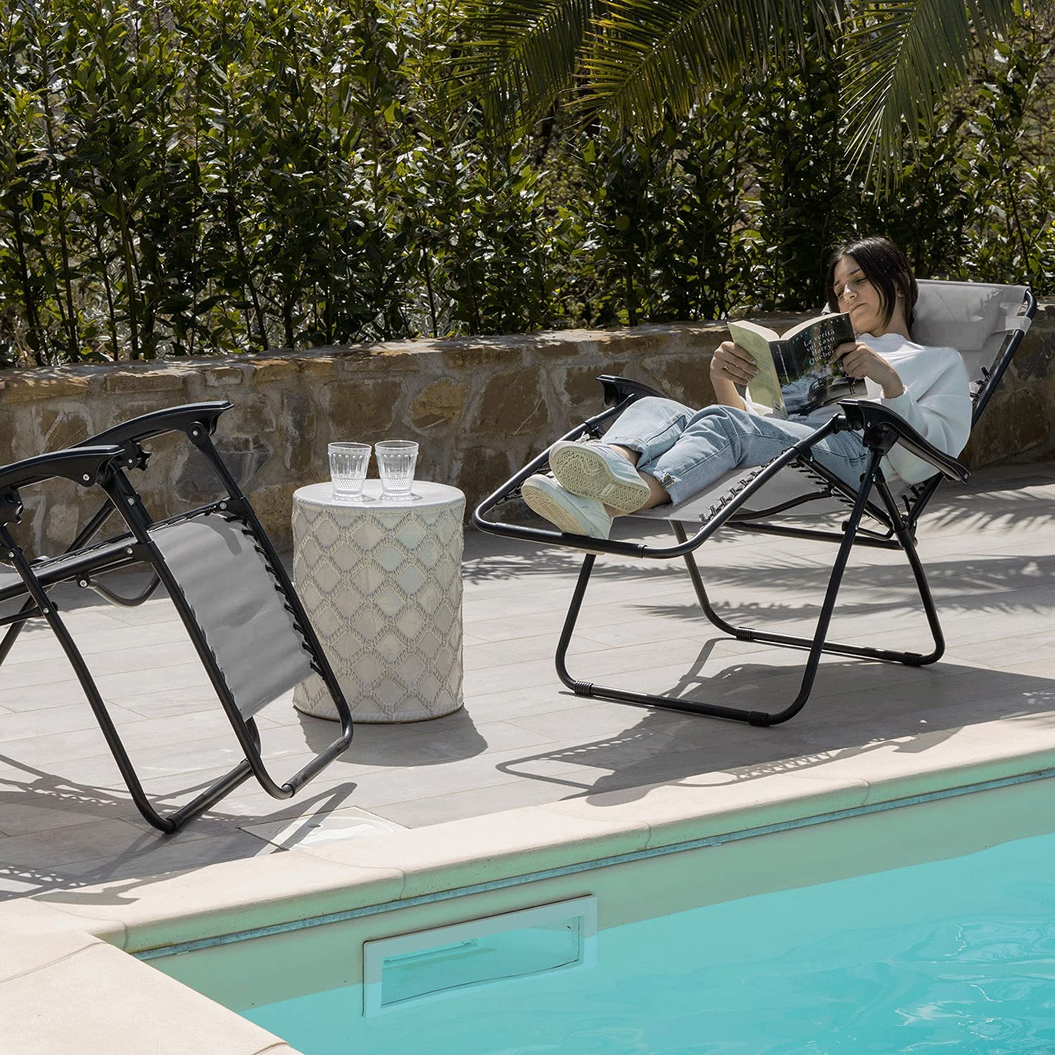 MFSTUDIO Sedia Relax Zero Gravity XL Oversize Imbottita, Con Portabicchieri, Grigia, Portata 158 Kg