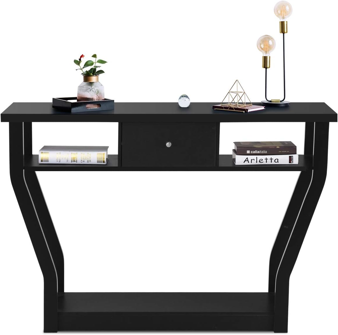 Stolik Konsolowy z MDF z Szufladą i 3 Półkami, Konsola ze Stabilną i Trwałą Podstawą, 120 x 30 x 81 cm, Maksymalne Obciążenie 50 kg (Czarny)
