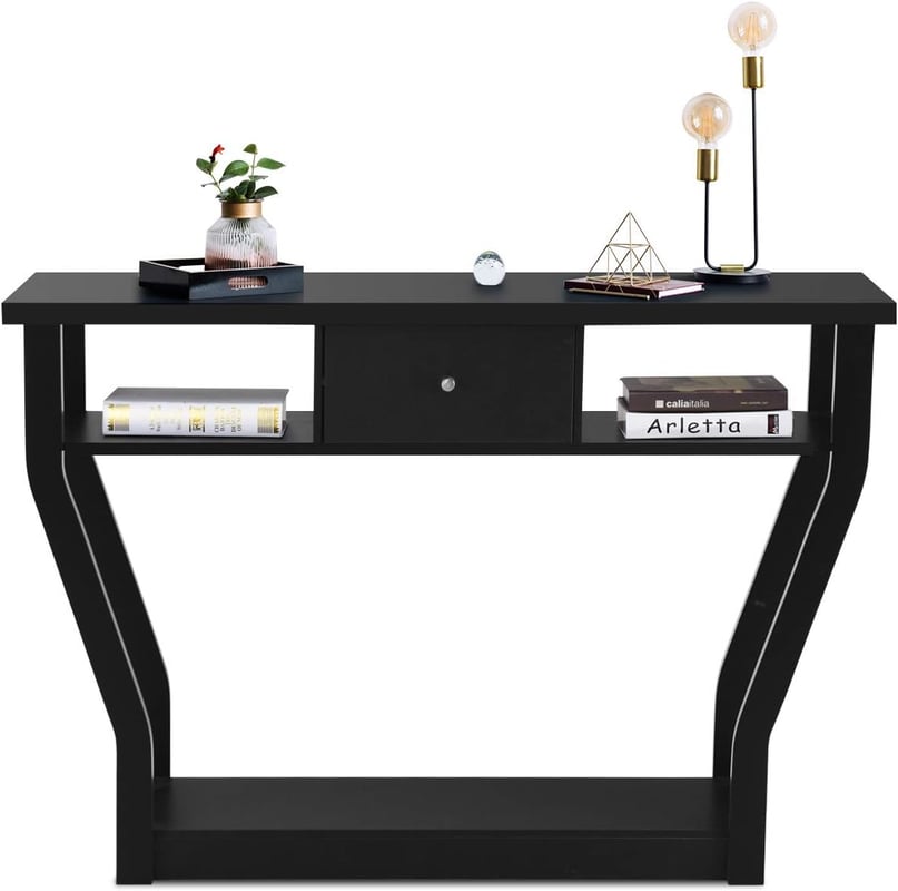Stolik Konsolowy z MDF z Szufladą i 3 Półkami, Konsola ze Stabilną i Trwałą Podstawą, 120 x 30 x 81 cm, Maksymalne Obciążenie 50 kg (Czarny)
