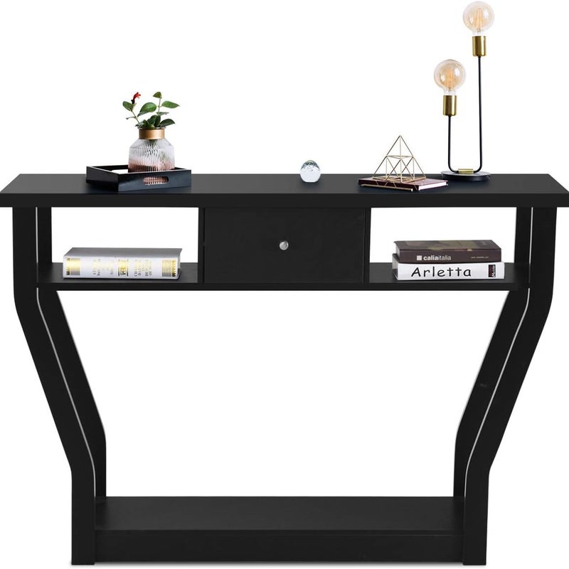 Stolik Konsolowy z MDF z Szufladą i 3 Półkami, Konsola ze Stabilną i Trwałą Podstawą, 120 x 30 x 81 cm, Maksymalne Obciążenie 50 kg (Czarny)