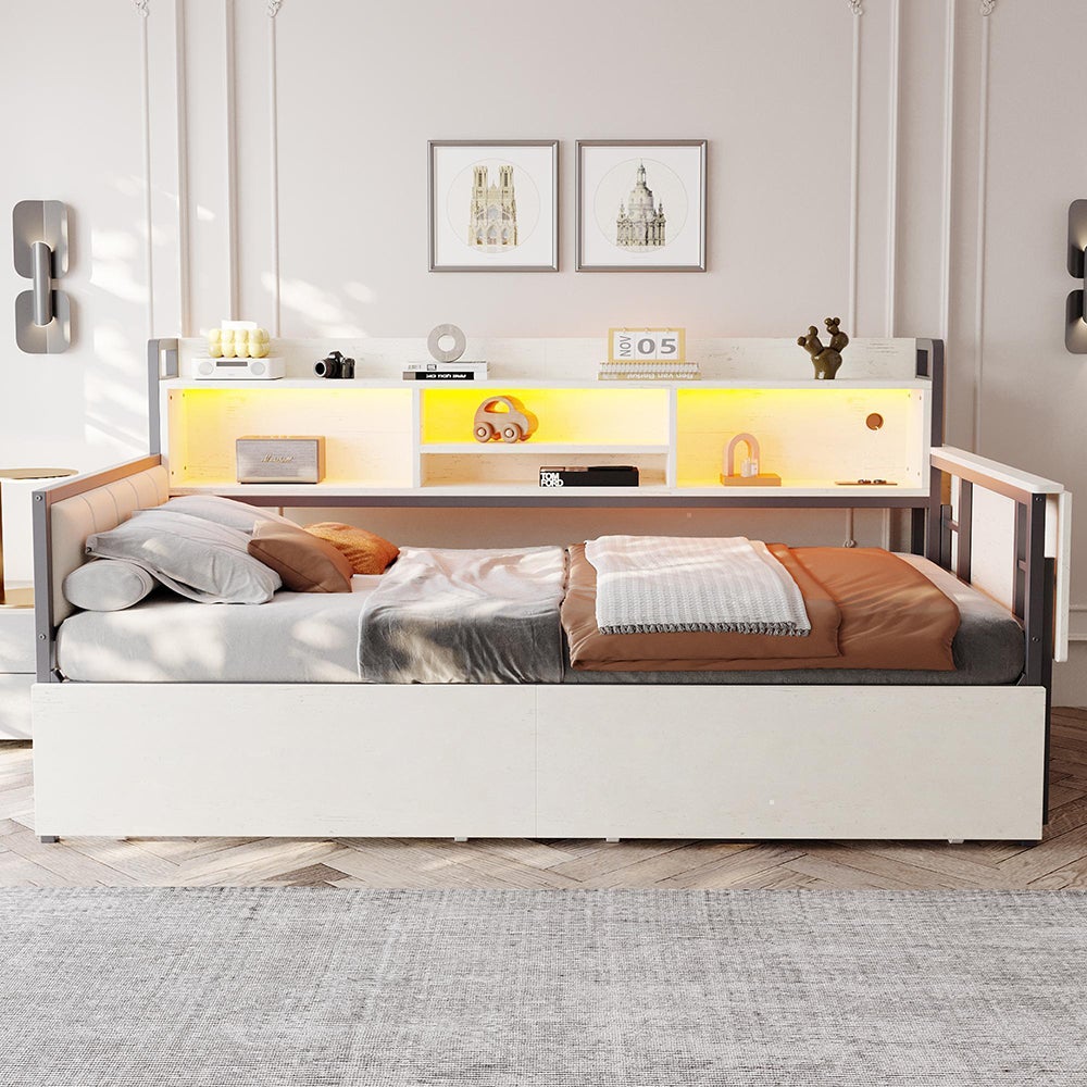 Rozkładana sofa 90 x 200 cm, z oświetleniem LED i schowkiem, szufladami i wielofunkcyjnym gniazdem, składanym biurkiem, metalowa, biała